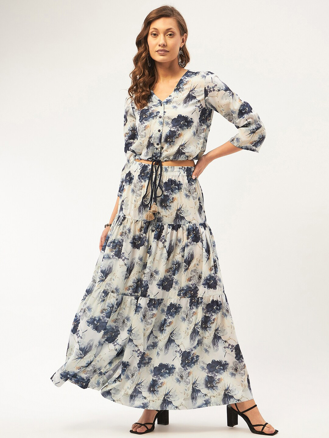 STADO Floral Printed V-Neck Top & Tiered Skirt