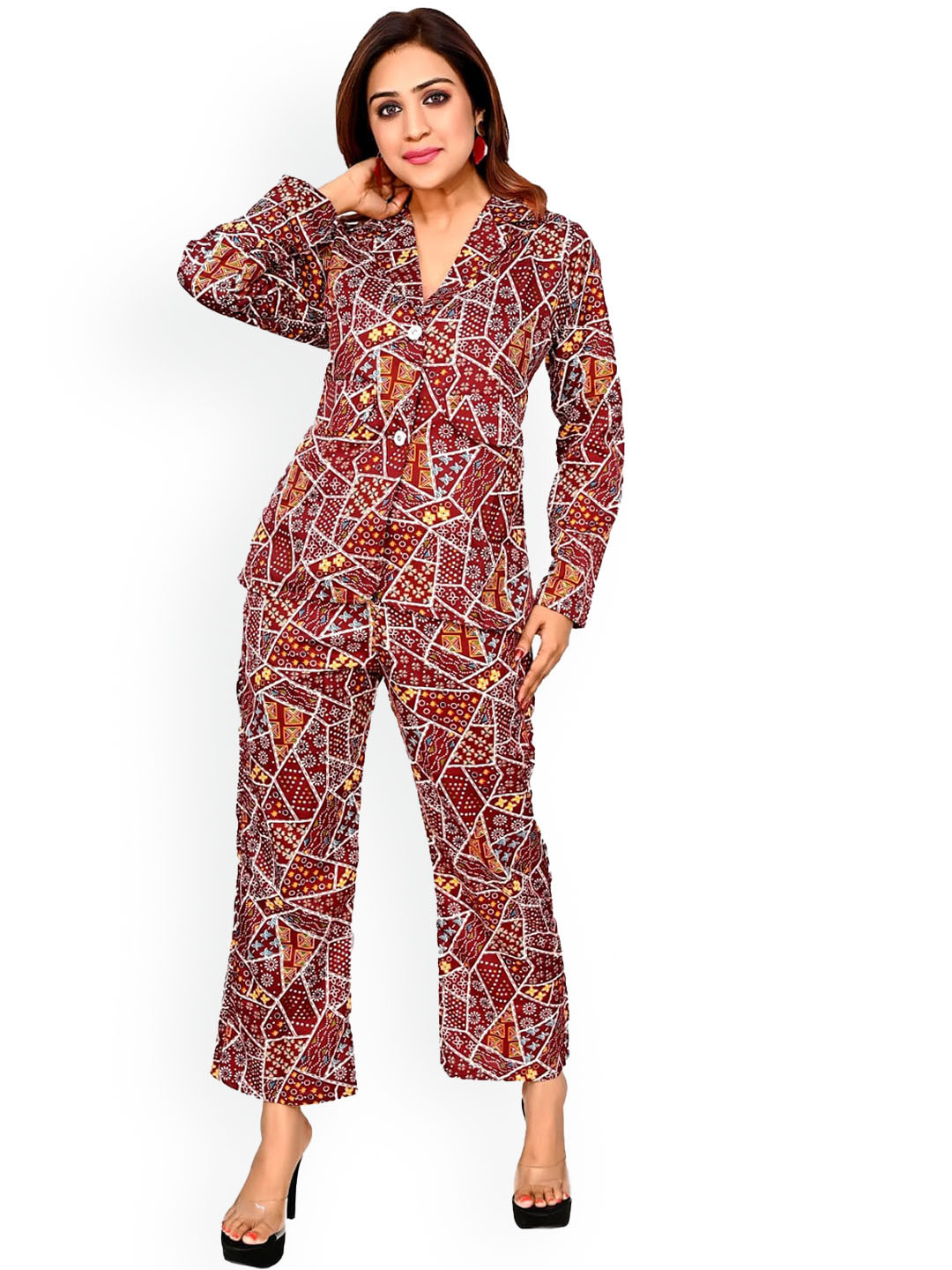 FELLAMO Printed Slim-Fit Blazer & Trousers