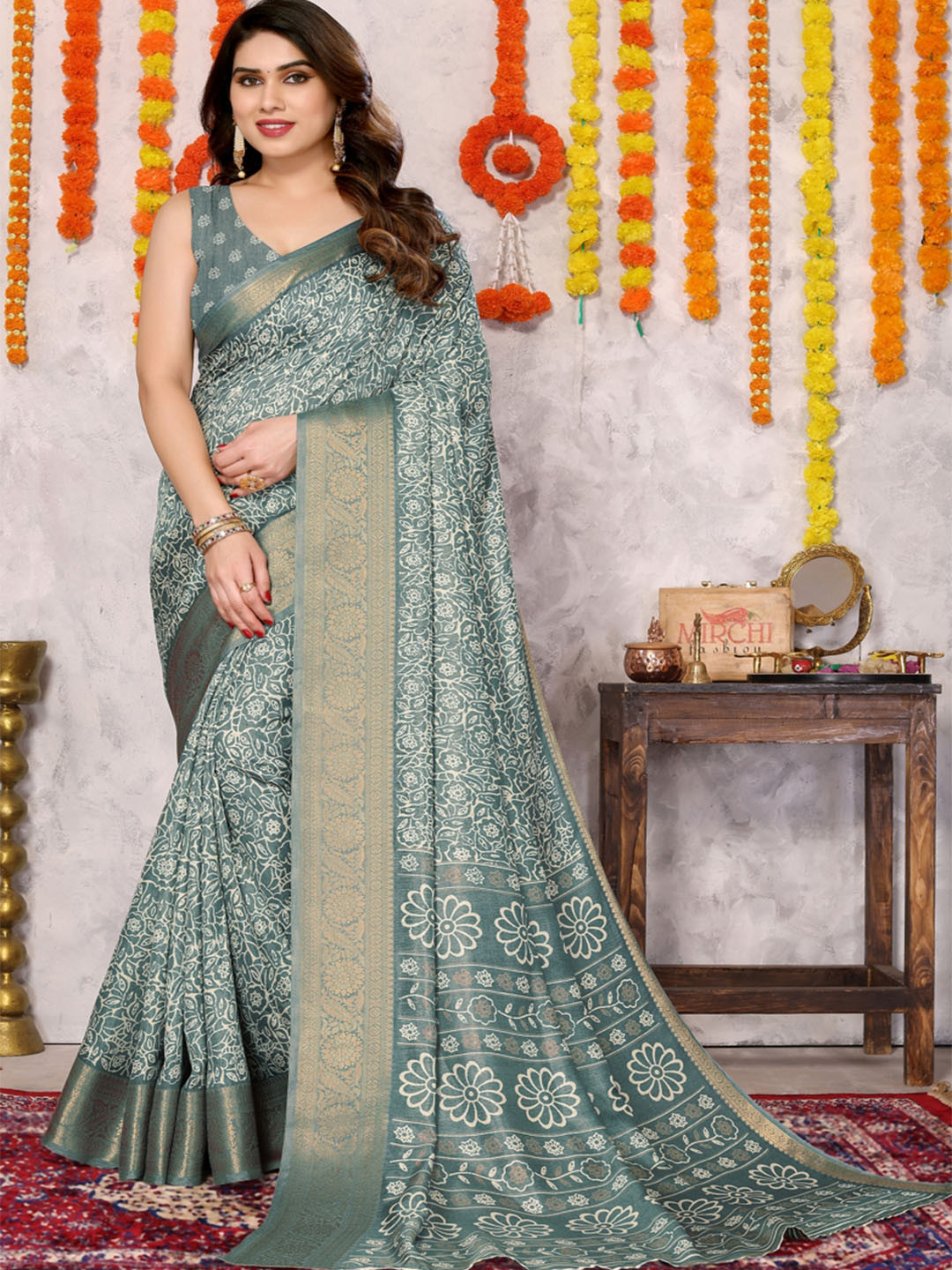 KALINI Floral Printed Zari Saree