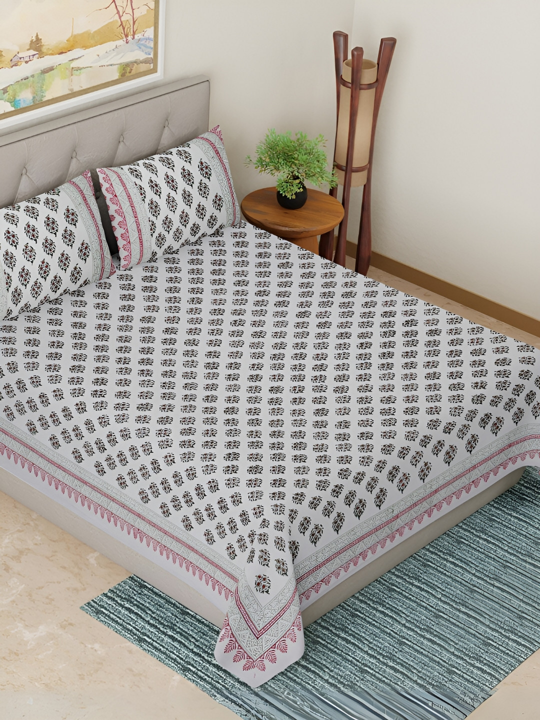 Peepul Tree Jaipur Blooms White Floral Cotton Skin-Friendly 300 TC King Fine Bedsheet with 2 Pillow Covers-90 x 108 inches