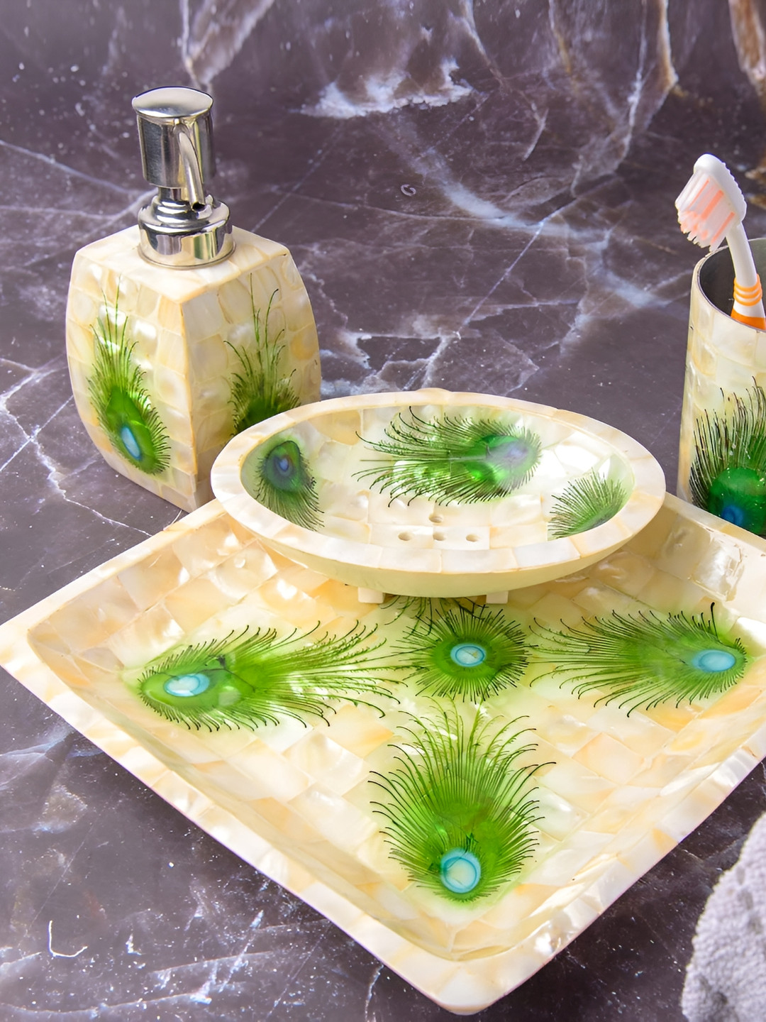 INDIA MEETS INDIA Cream-Coloured & Green 4 Piece Floral Printed Bath Accessories Set