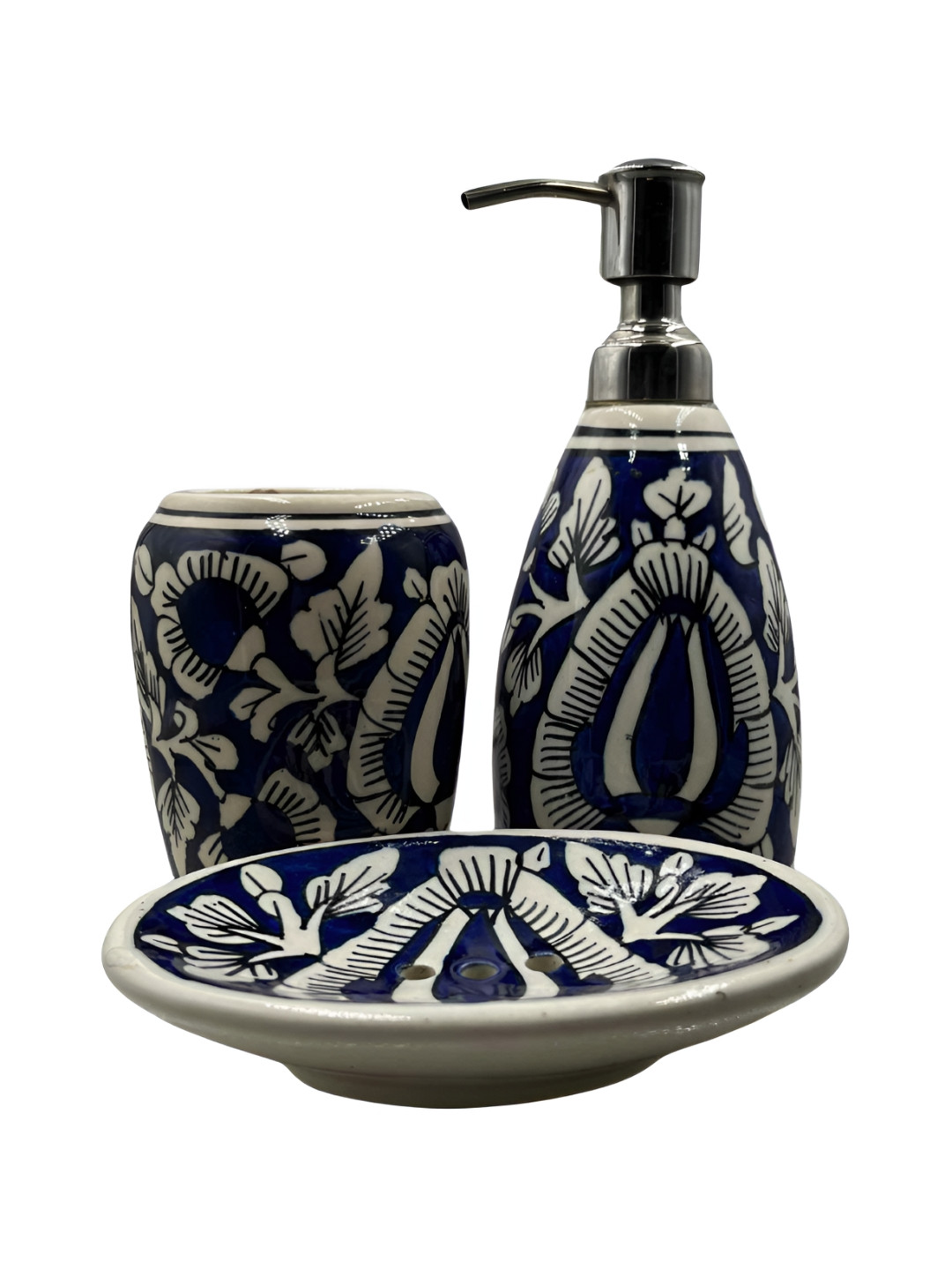 INDIA MEETS INDIA Blue 3 Piece Ethnic Motif Printed Ceramic Bath Accessories Set