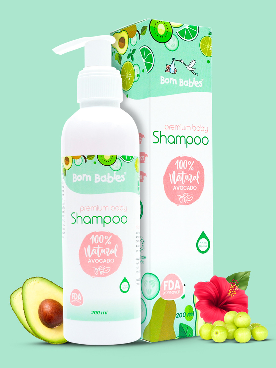Born Babies Natural Tear Free Premium Baby Shampoo with Avocado - 200 ml