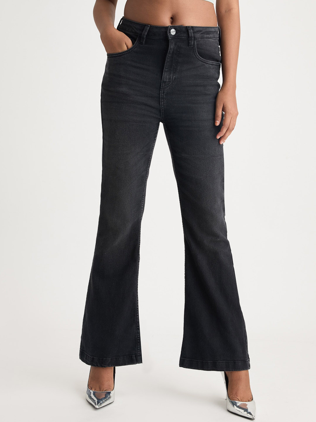 FREAKINS Women Black Bootcut High-Rise Clean Look Light Fade Jeans