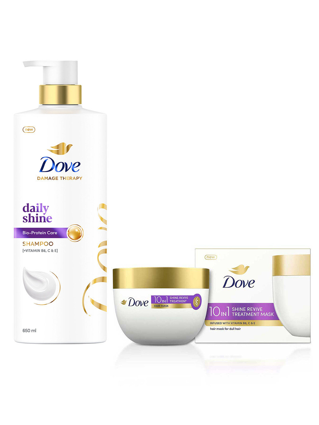 Dove Set of 10-in-1 Shine Revive Treatment Hair Mask - 300ml & Daily Shine Shampoo - 650ml
