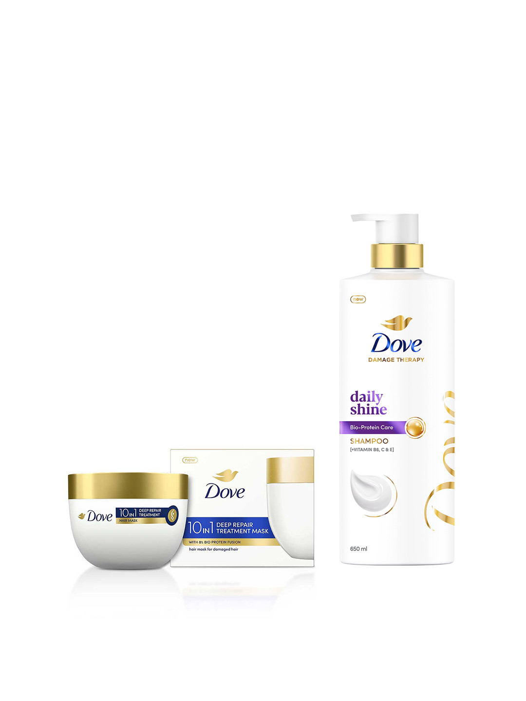 Dove Set of Daily Shine Shampoo - 650ml & 10-in-1 Deep Repair Treatment Hair Mask - 120ml