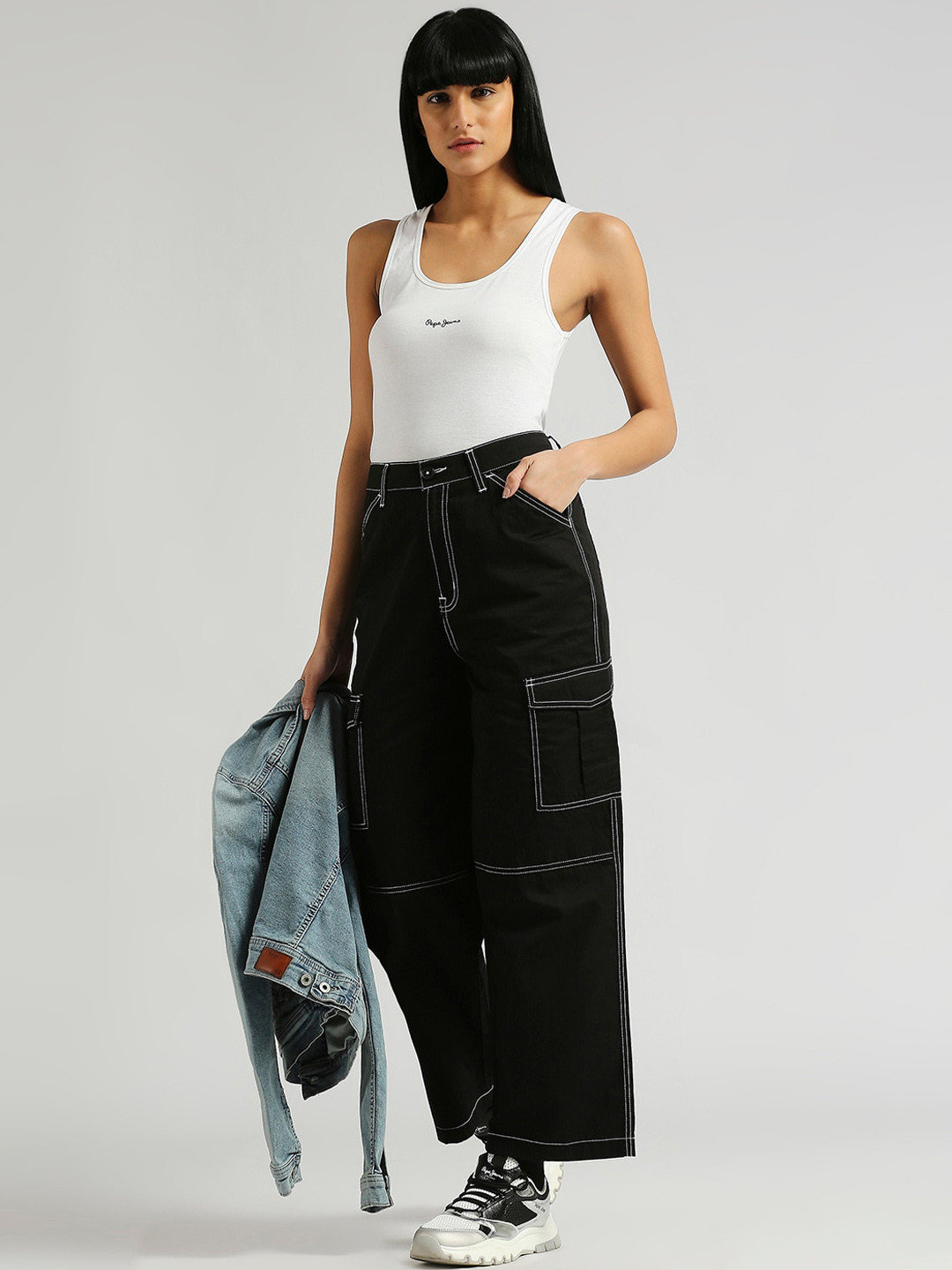 Pepe Jeans Women High-Rise Contrast Stitch Pure Cotton Cargo Trousers