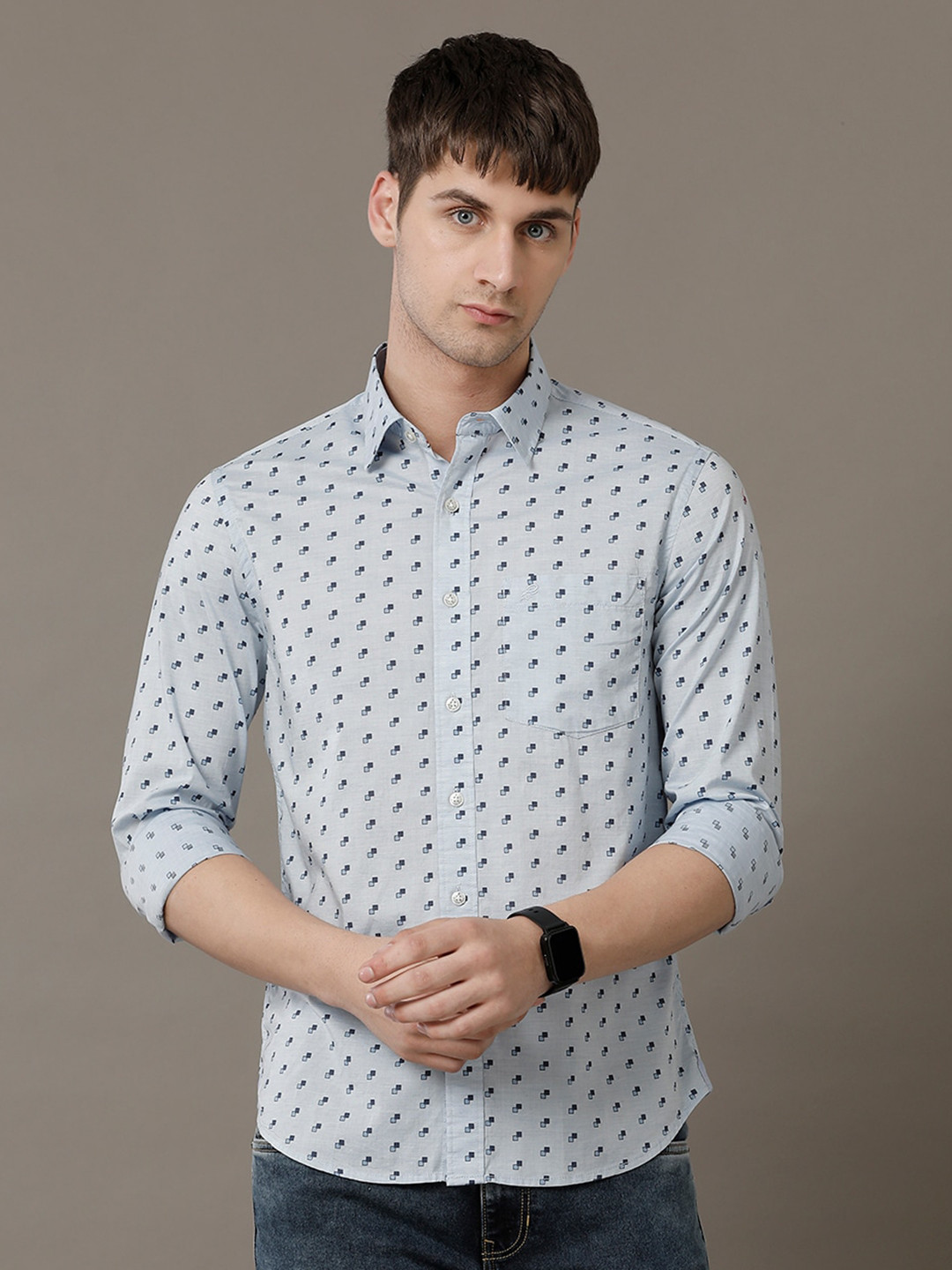 Double Two Comfort Slim Fit Micro Ditsy Printed Spread Collar Cotton Shirt