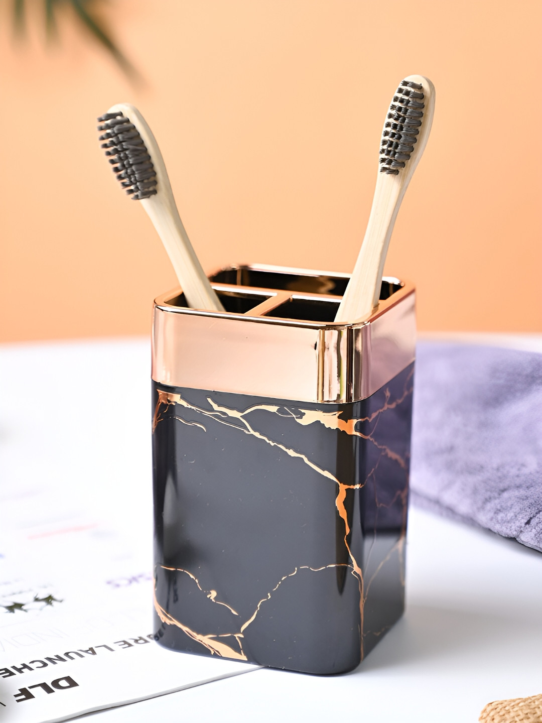 MARKET99 Black Striped Marble Tooth Brush Holder