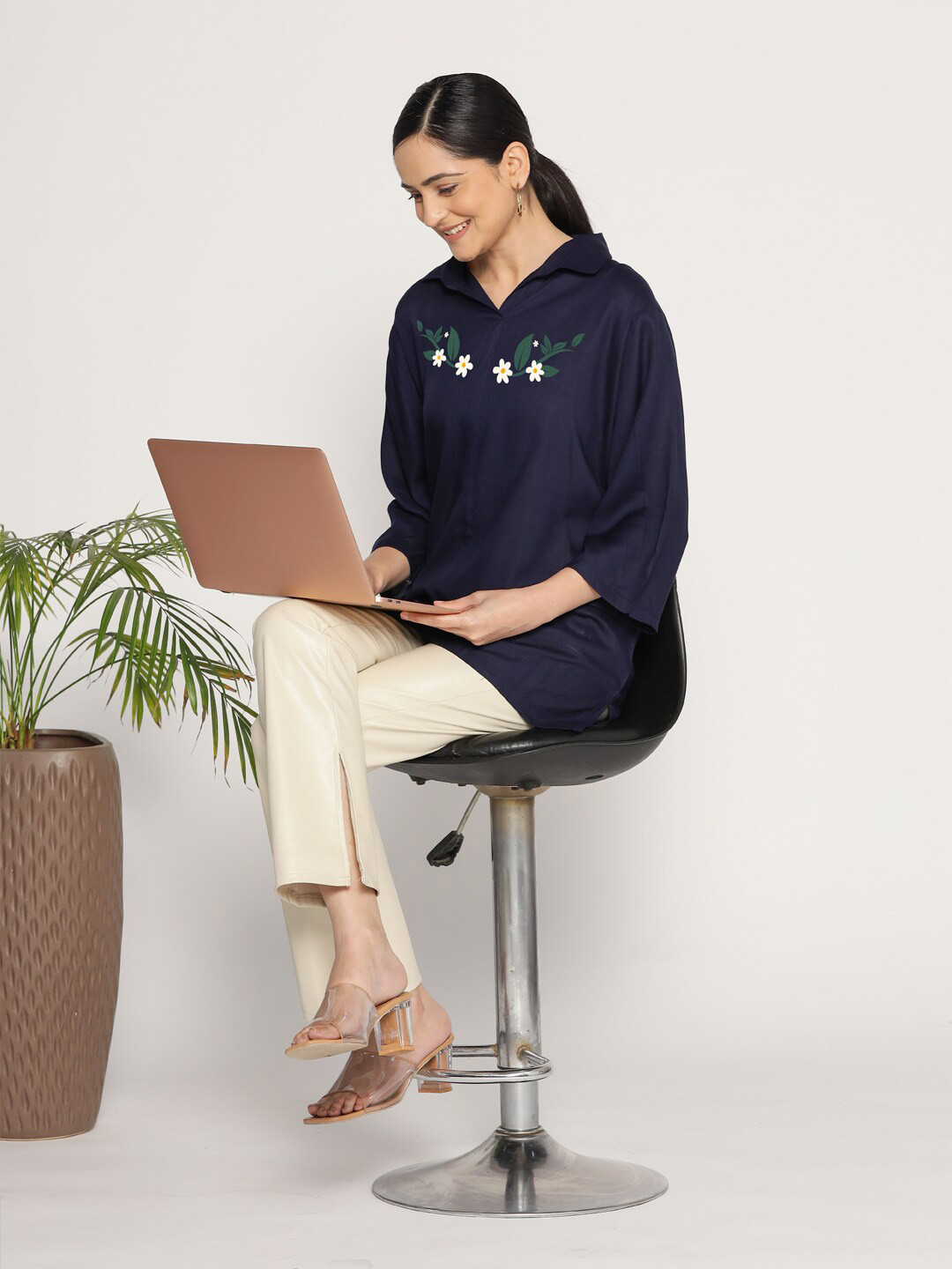 LetsDressUp Floral Printed Shirt Collar High-Low Hem Tunic