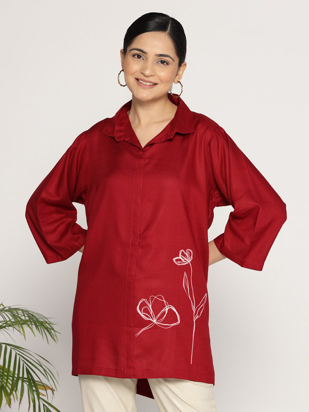 LetsDressUp Floral Printed Shirt Collar High-Low Hem Tunic