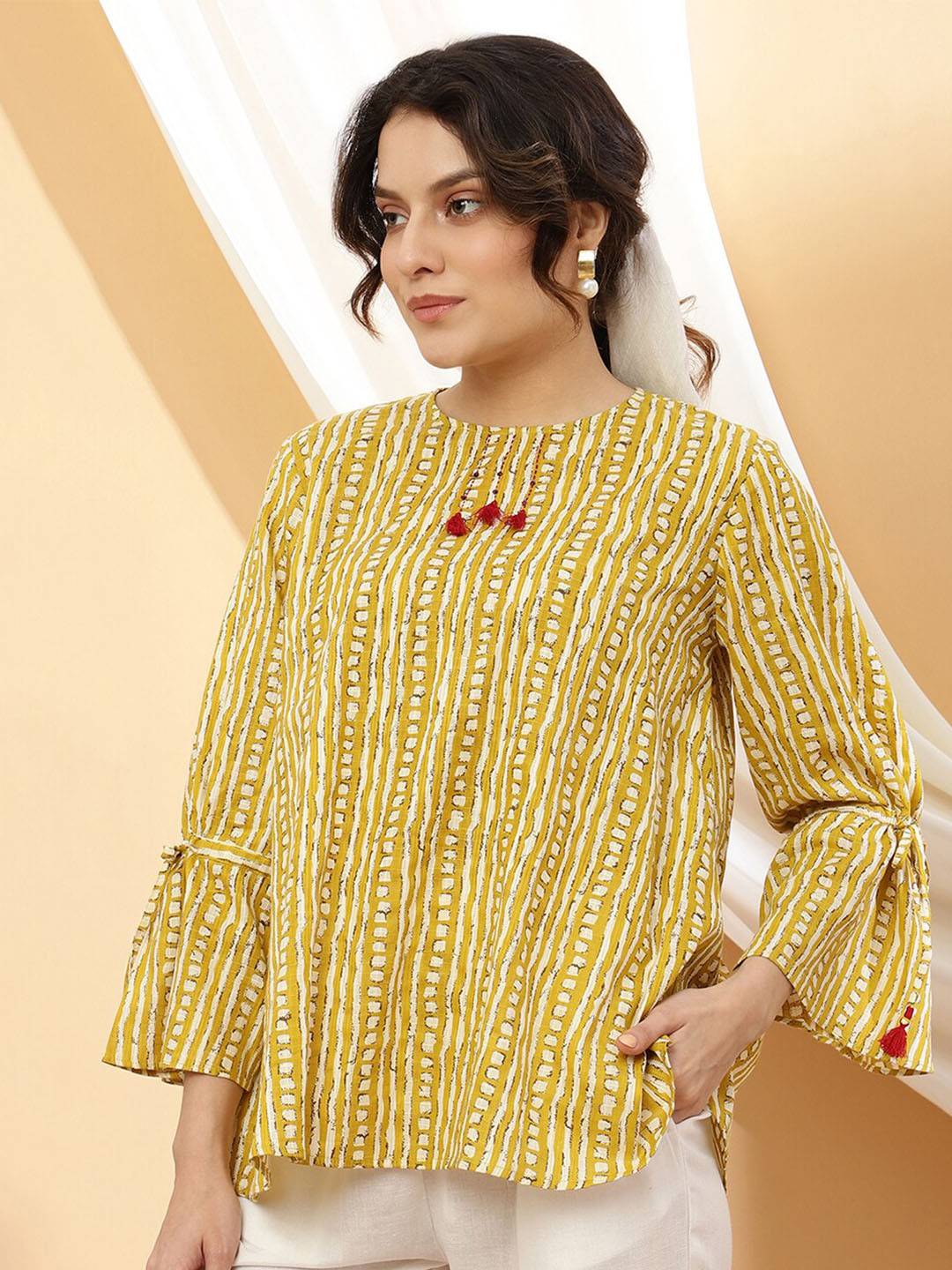 Sringam Vertical Striped Bell Sleeve Cotton Top