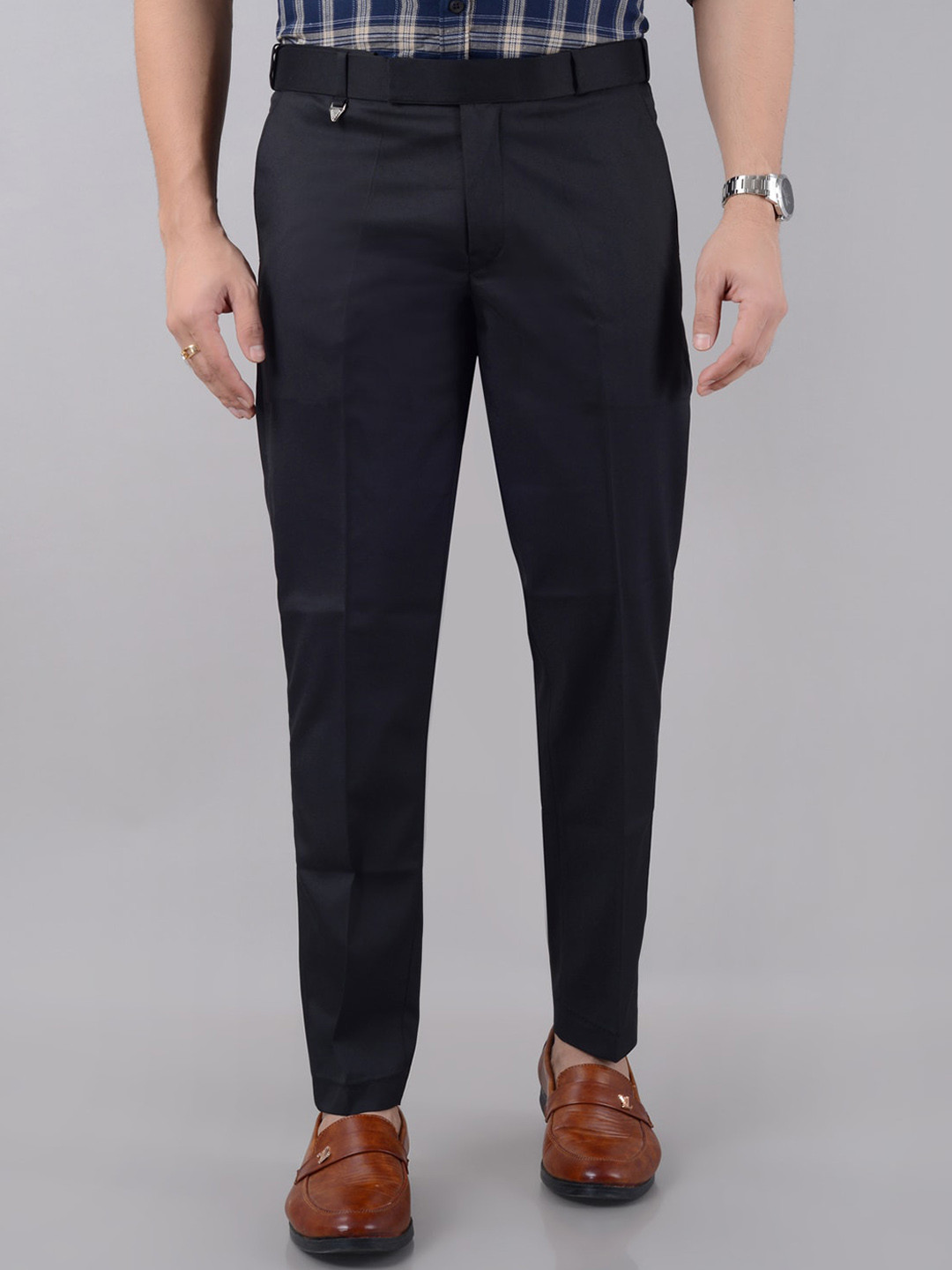 VILLAIN Men Smart Slim Fit Wrinkle Free Adjustable Waist Cotton Trousers