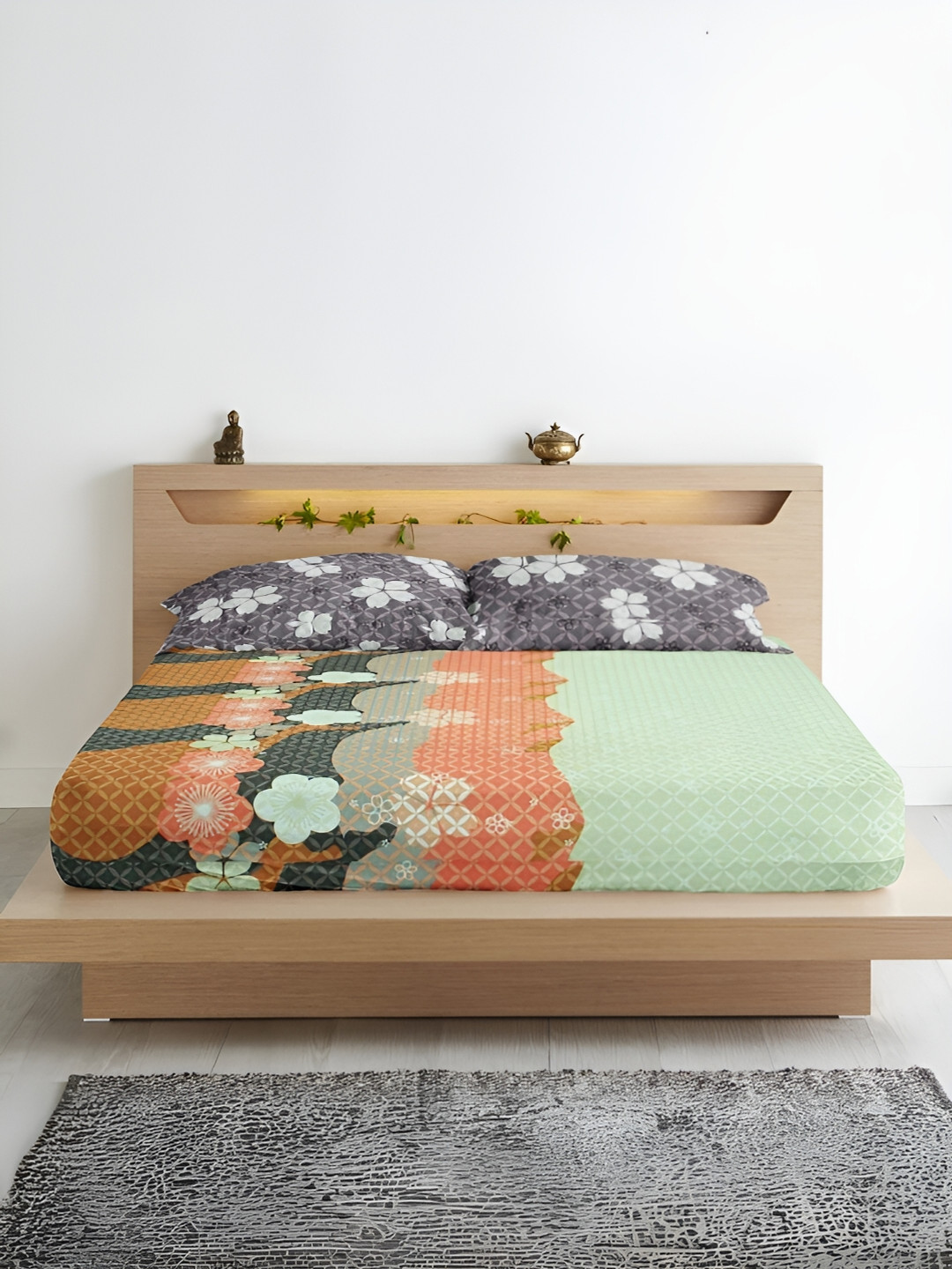 Aurave Opal Green Floral Microfiber 300 TC Fitted King Fine Bedsheet with 2 Pillow Covers-72 x 78 inches