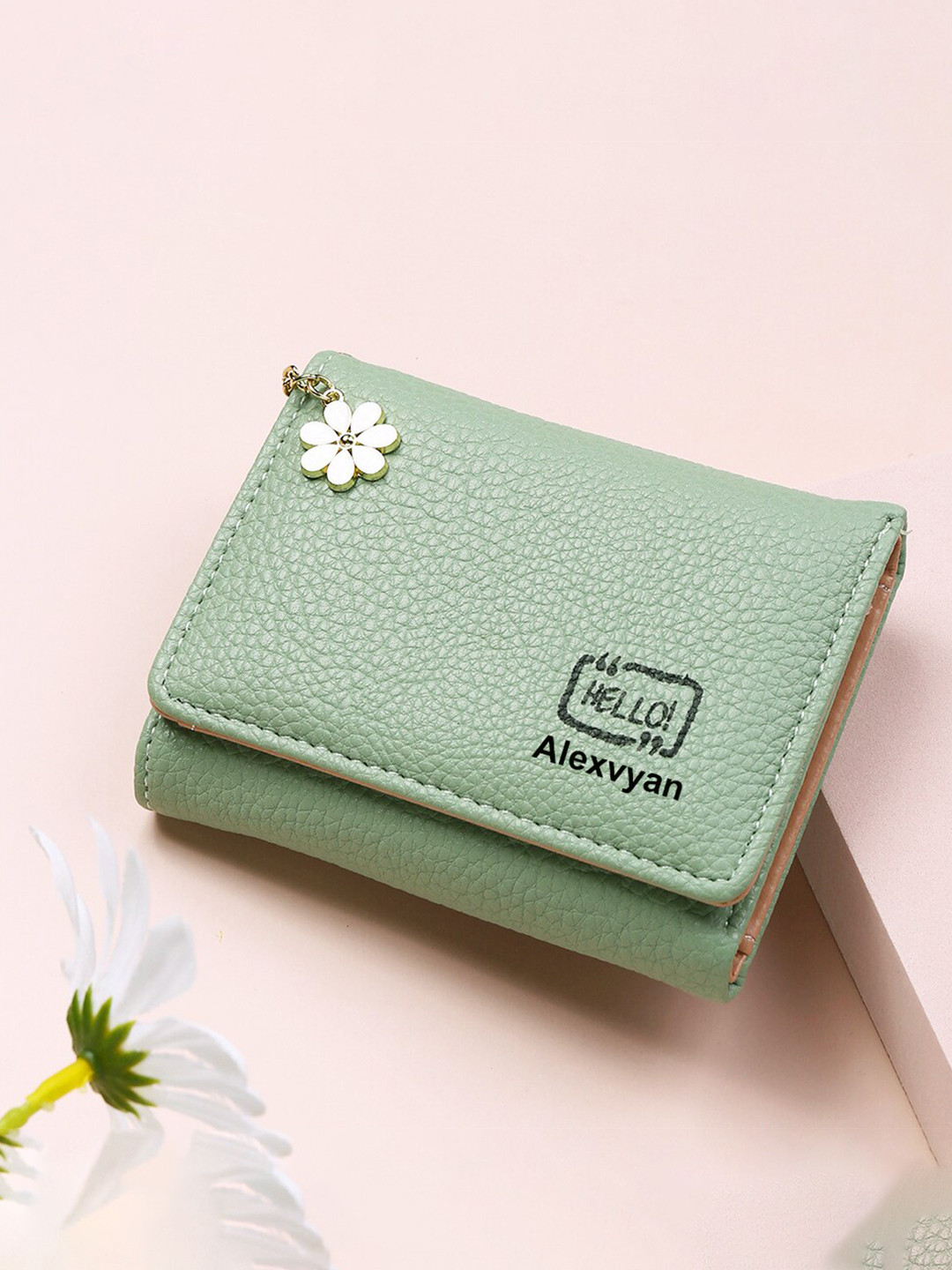 Alexvyan Women Green Textured RFID Three Fold Wallet