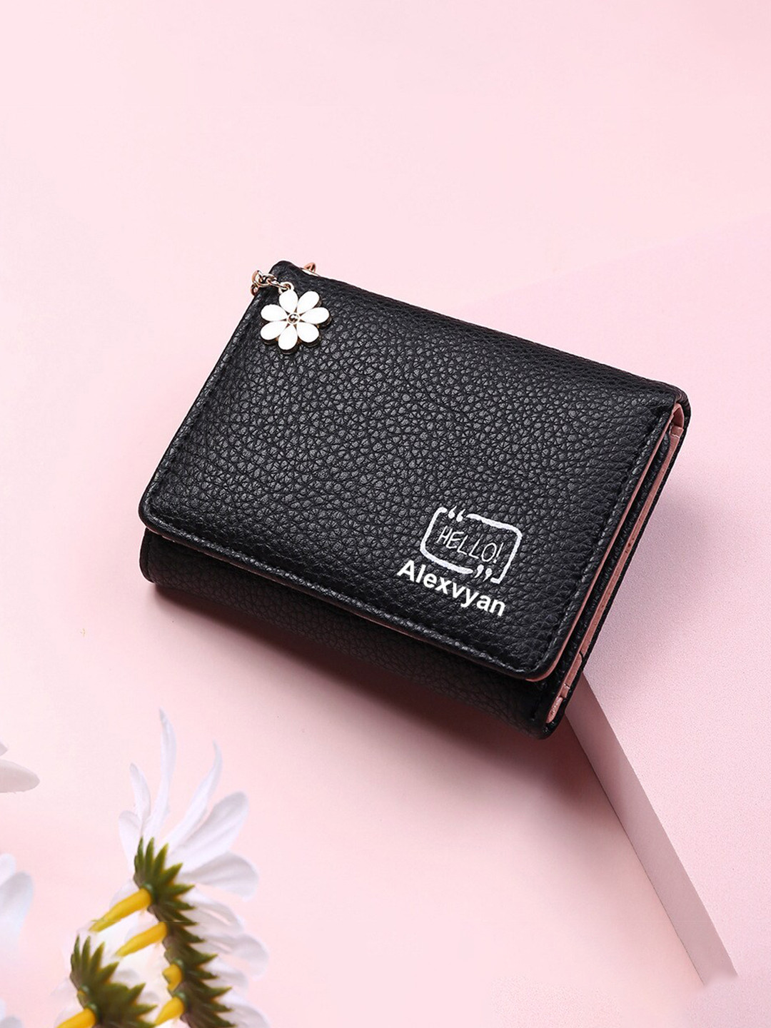 Alexvyan Women Black Textured RFID Three Fold Wallet