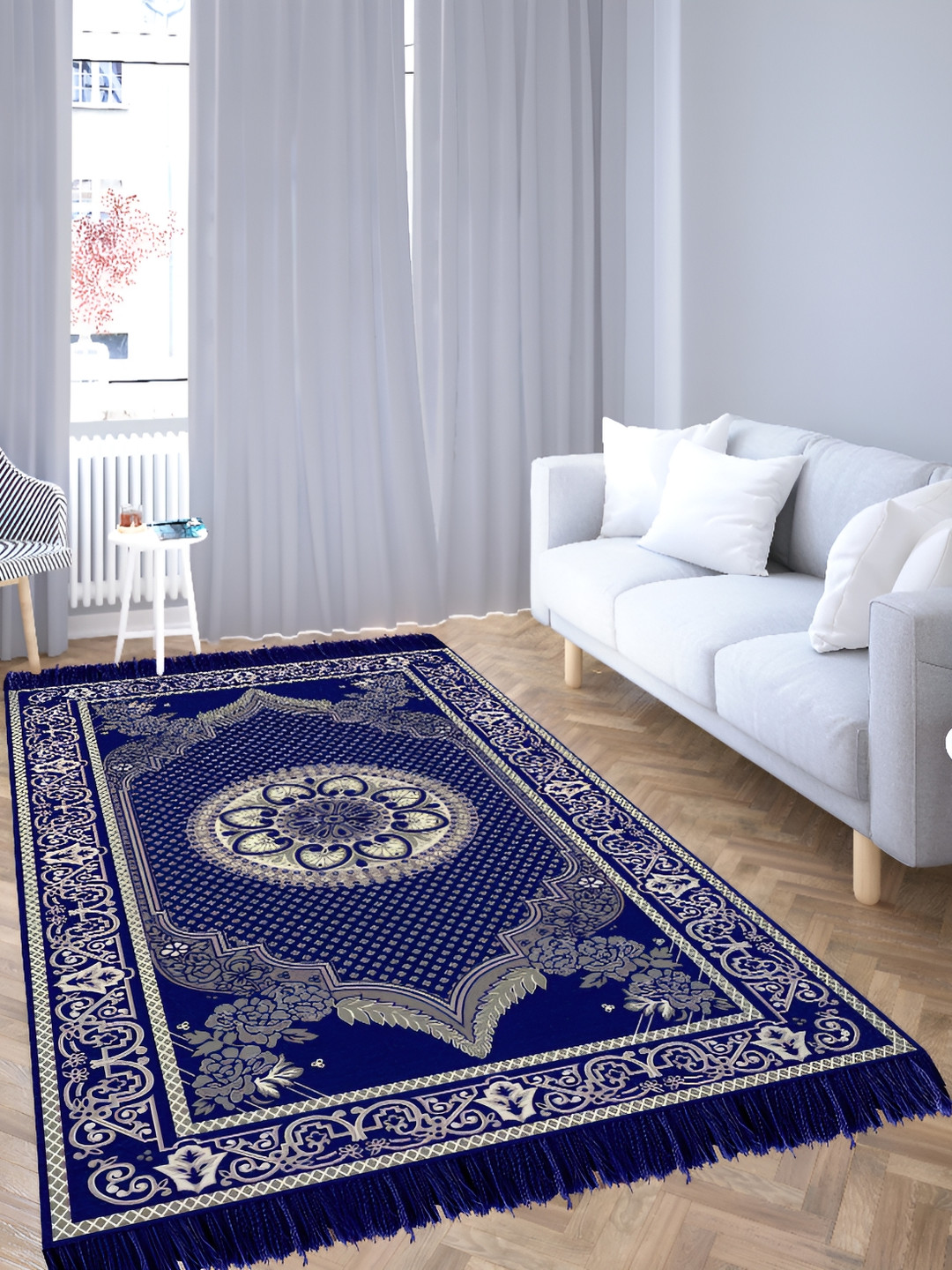 Sparrow world Blue Solid Chennile Carpet
