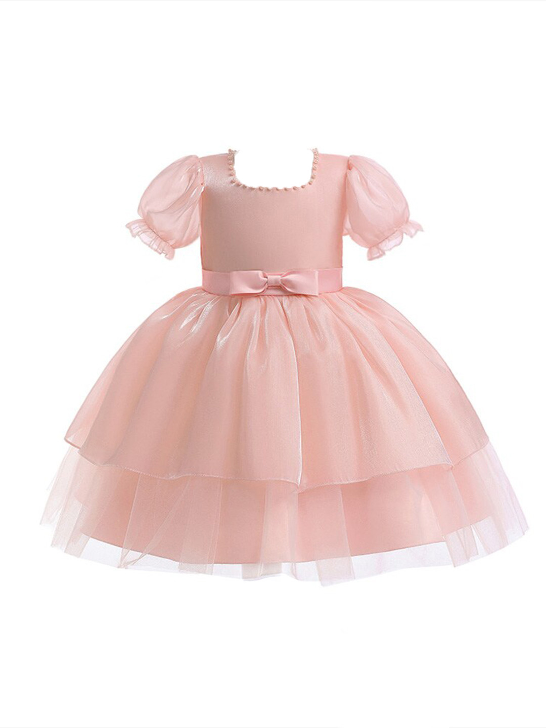 StyleCast x Revolte Girls Pink Puff Sleeves Layered Tulle Balloon Dress