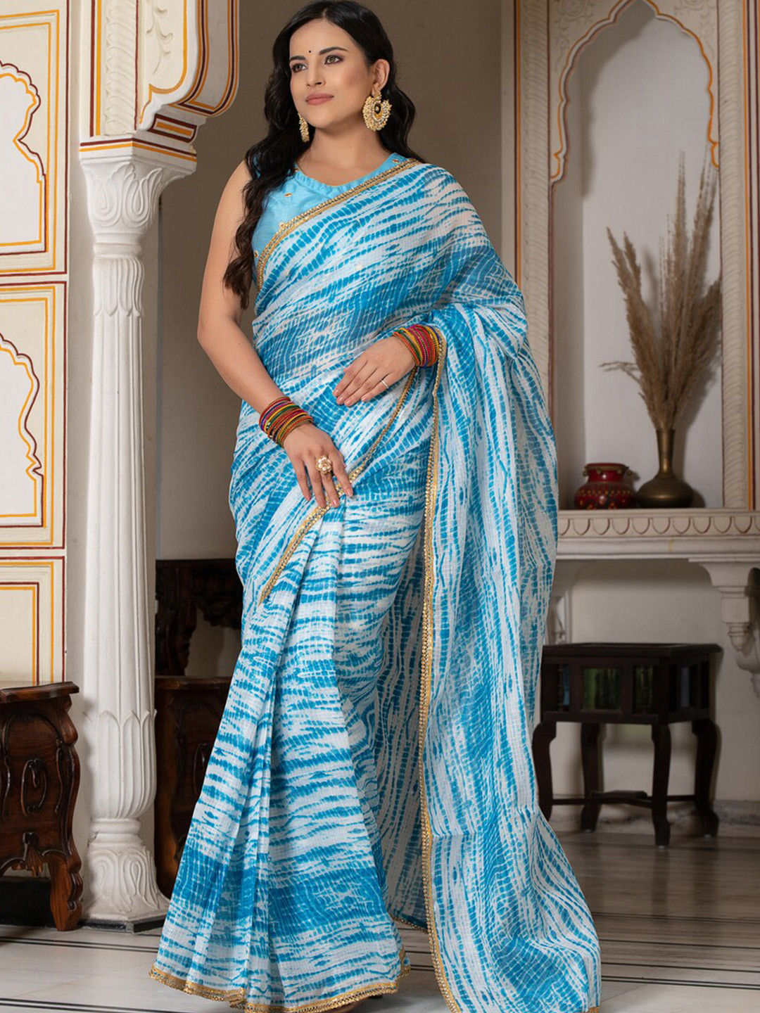 Jaipur Folk Batik Printed Beads and Stones Kota Saree