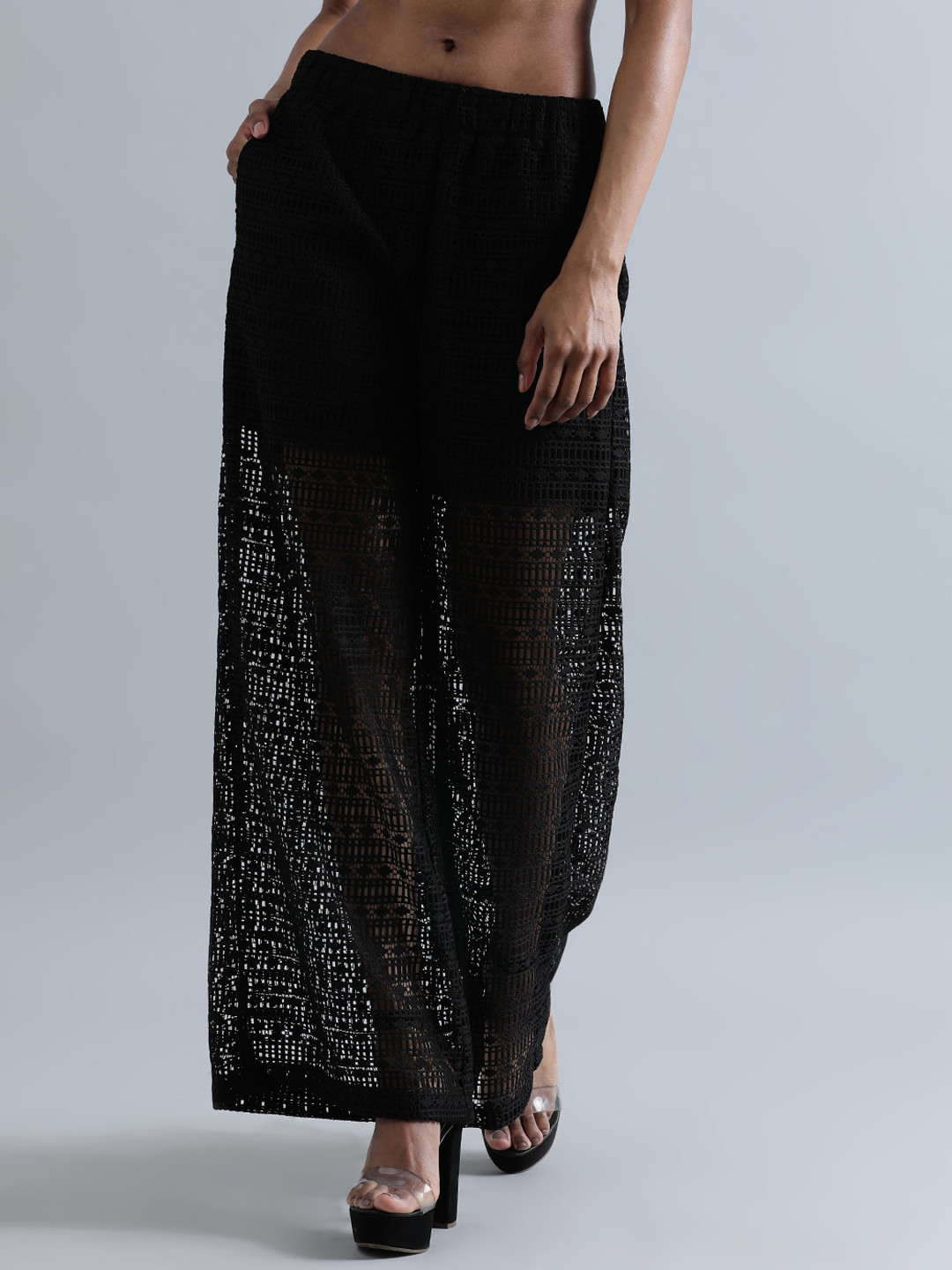 Bene Kleed Women Lace Wide Leg Semi-Sheer Parallel Trousers