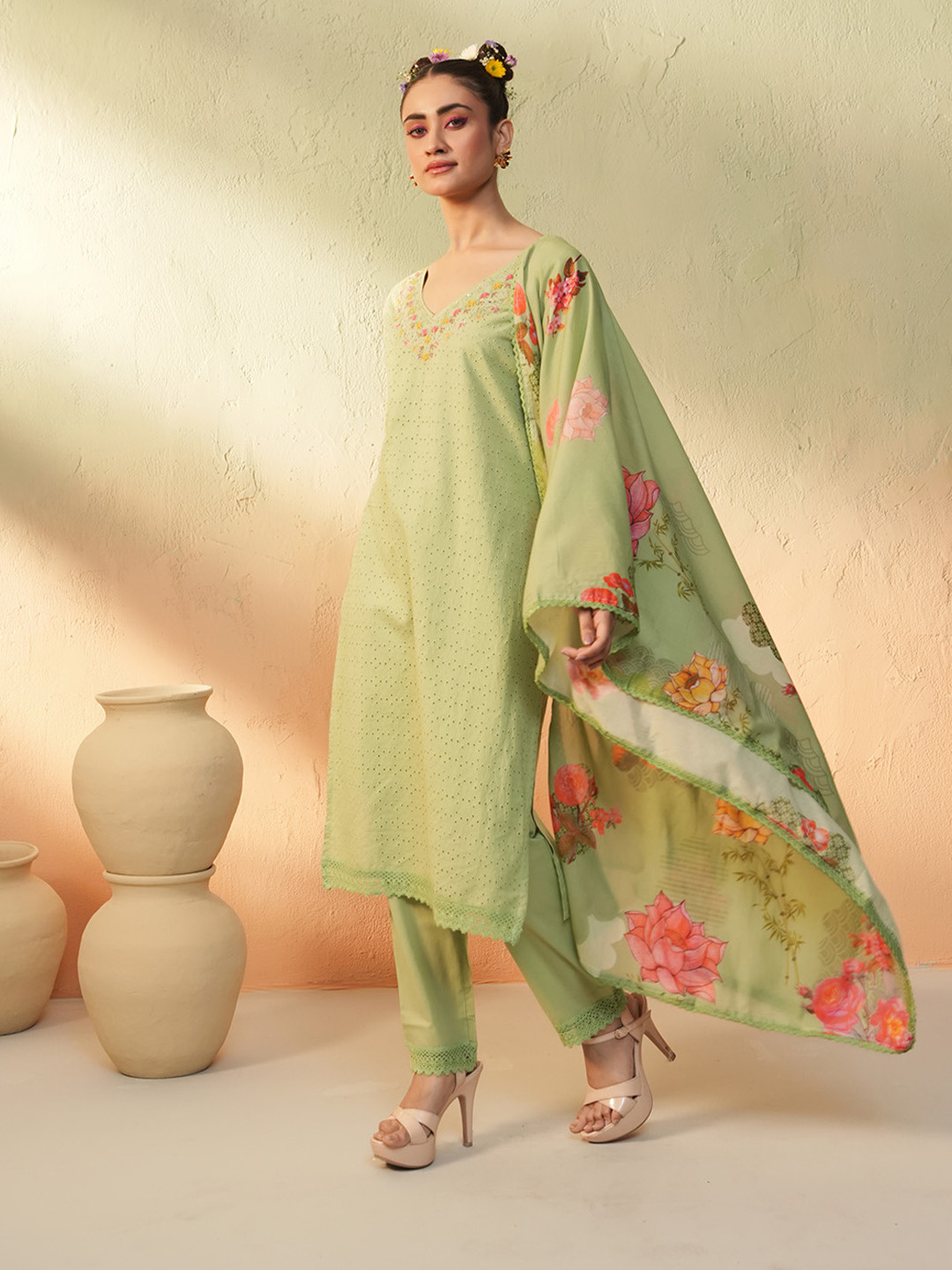 ISHIN Zari Threadwork Cotton Schiffli Kurta Solid Pants and Lace bordered Dupatta