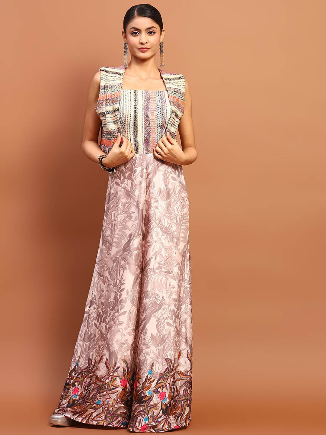 Soniya g Self Design Sleeveless Crop Tailored Jacket