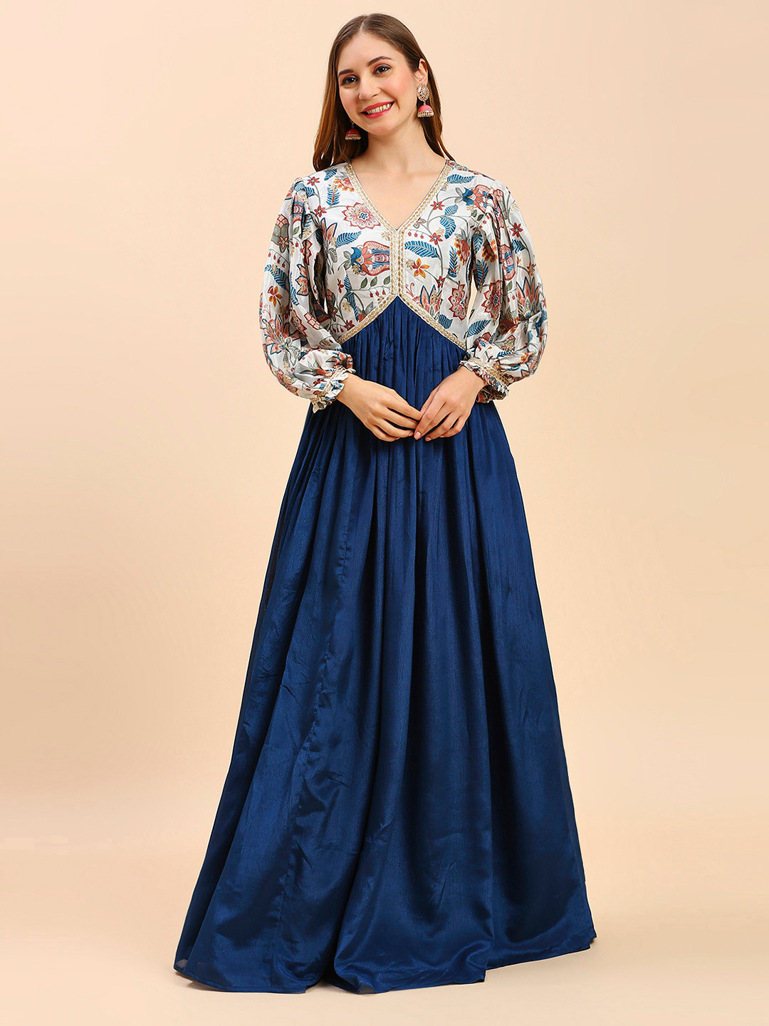 MADHURAM Ethnic Printed V-Neck Cuffed Sleeves PLeated Silk Fit & Flare Ethnic Gown