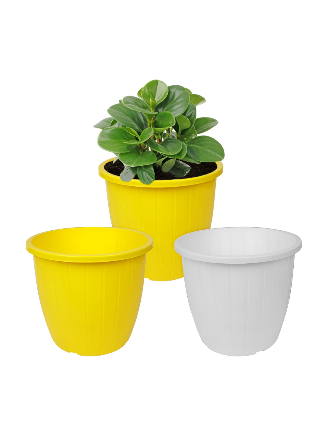 Kuber Industries Yellow & White 3 Pieces Textured Duro Flower Planters