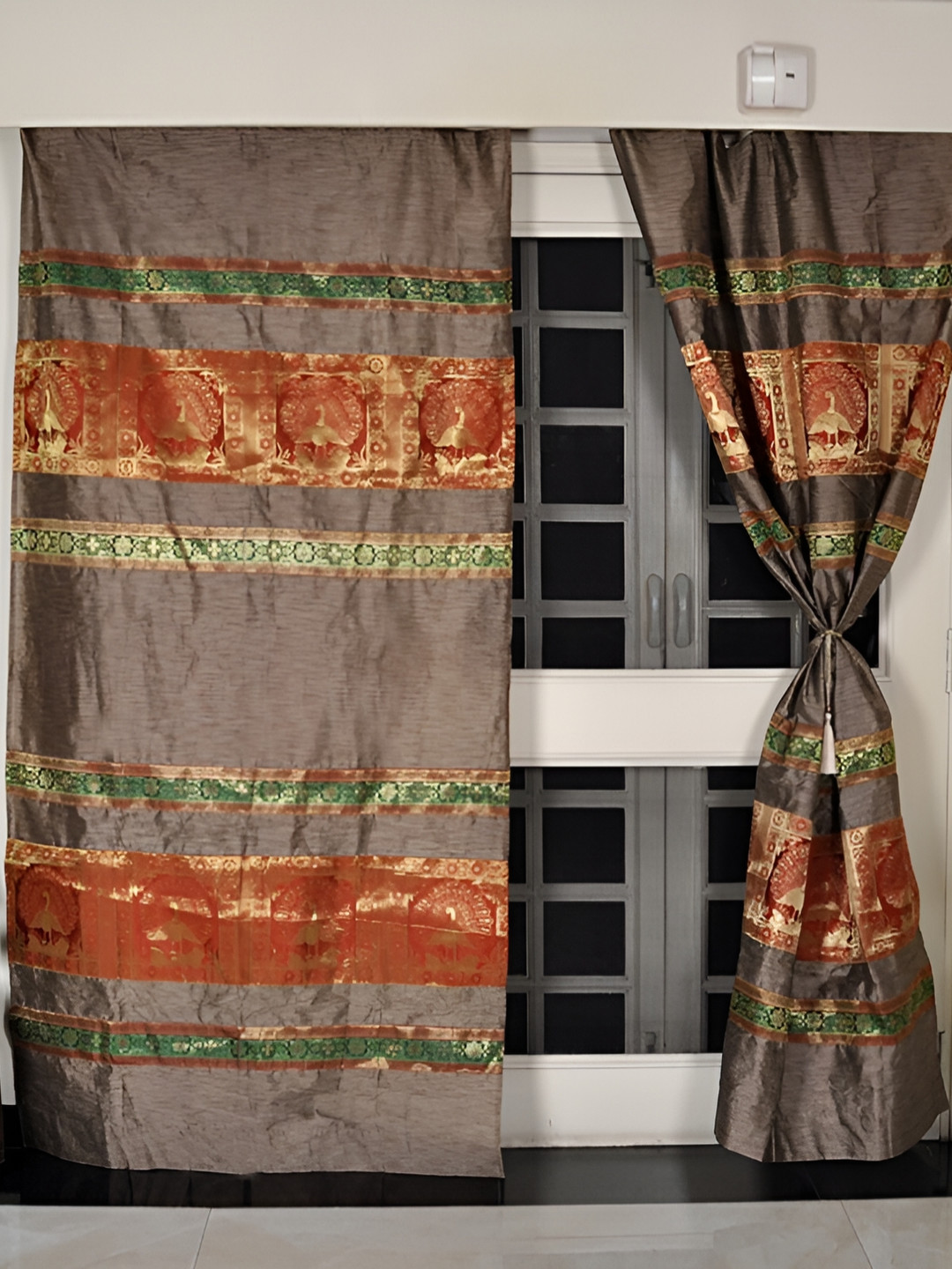 Lal Haveli Brown 2 Pieces Floral Sheer Long Door Curtains