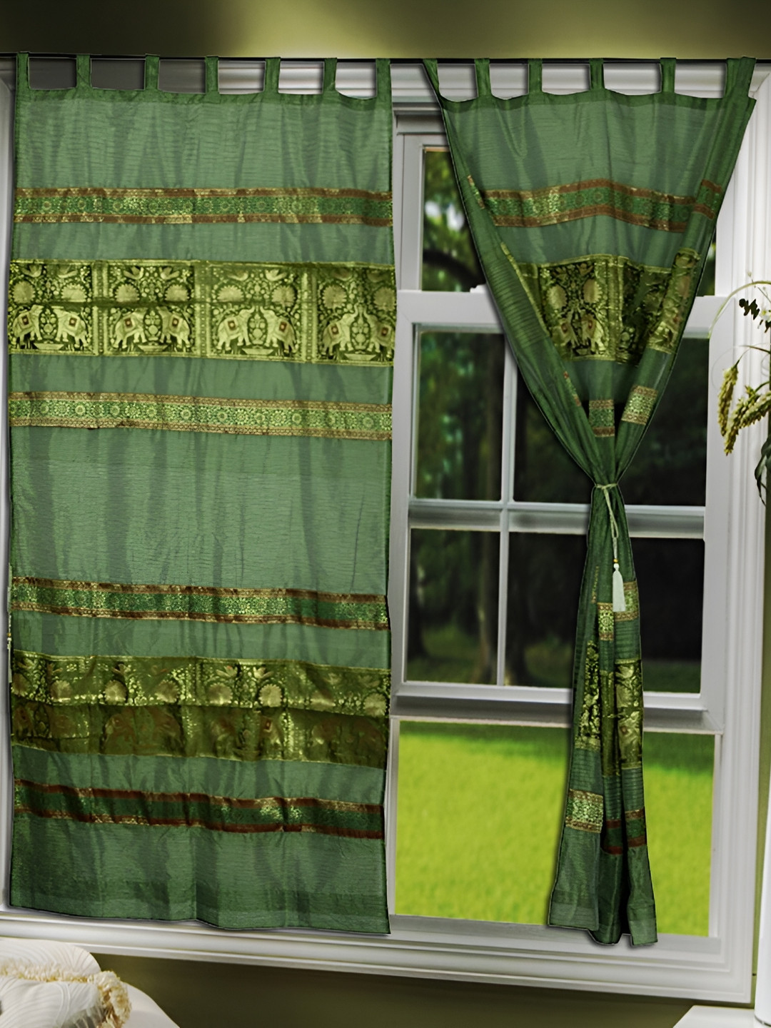 Lal Haveli Green 2 Pieces Floral Sheer Long Door Curtains