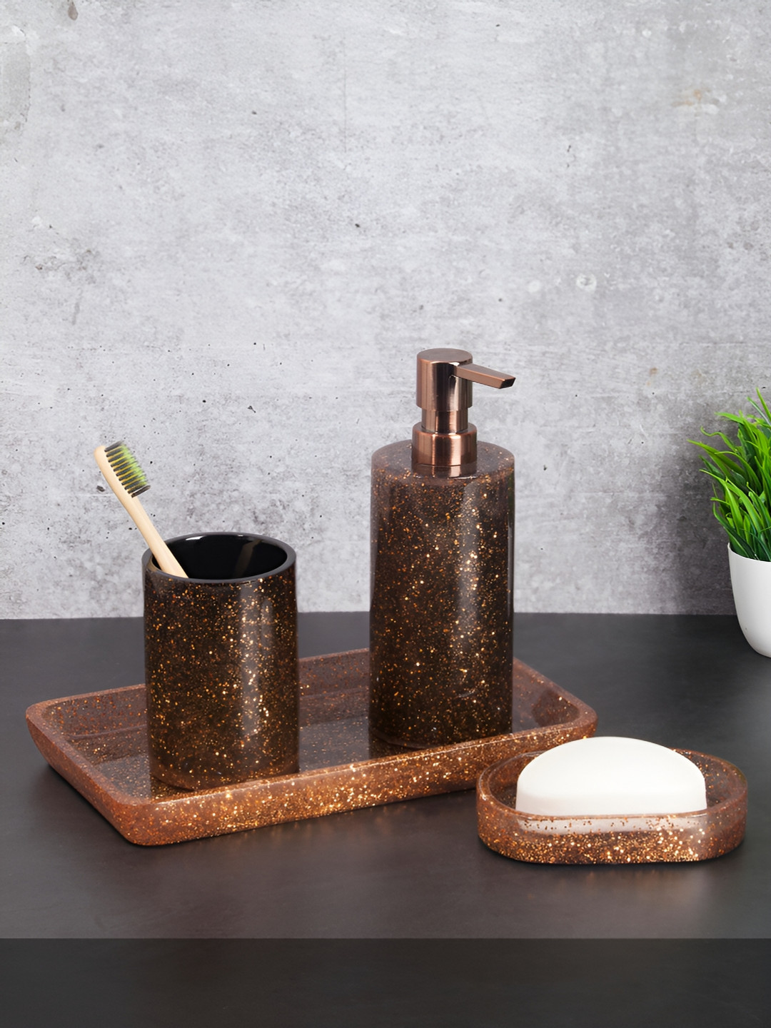 OBSESSIONS Copper-Toned & Black 4 pieces Textured Polyresin Bath Accessories Set