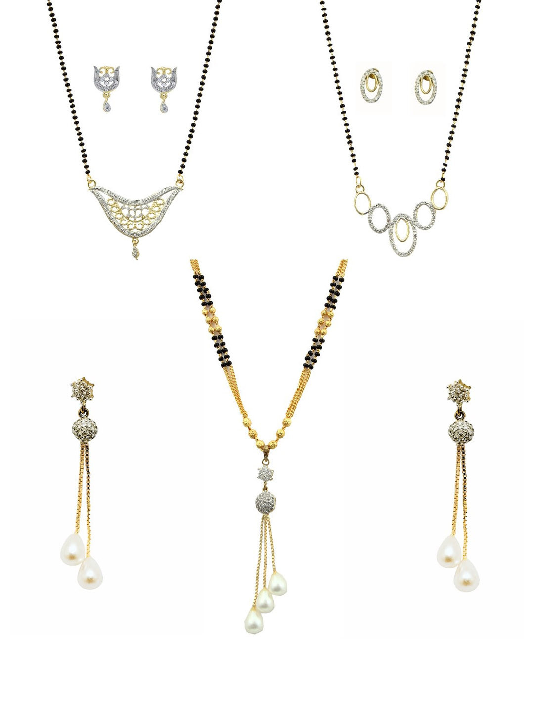 FEMMIBELLA Set of 3 Gold-Plated American Diamond Studded and Beaded Mangalsutras