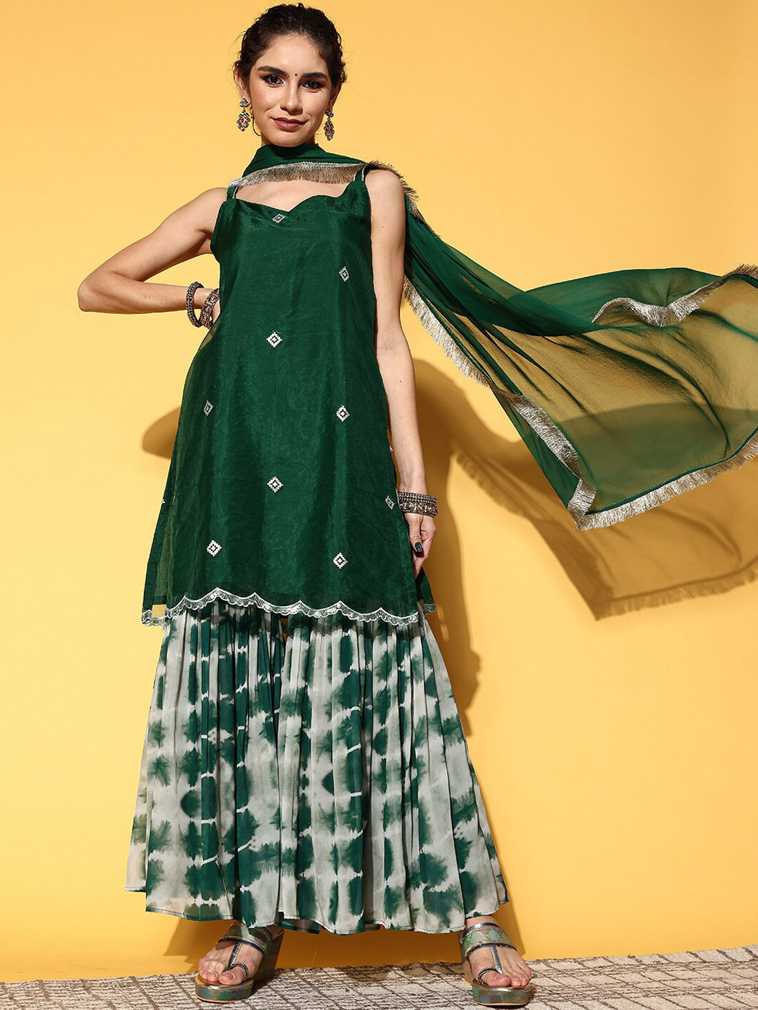 Mitera Bandhani Embroidered Empire Sequinned Kurta With Sharara & Dupatta