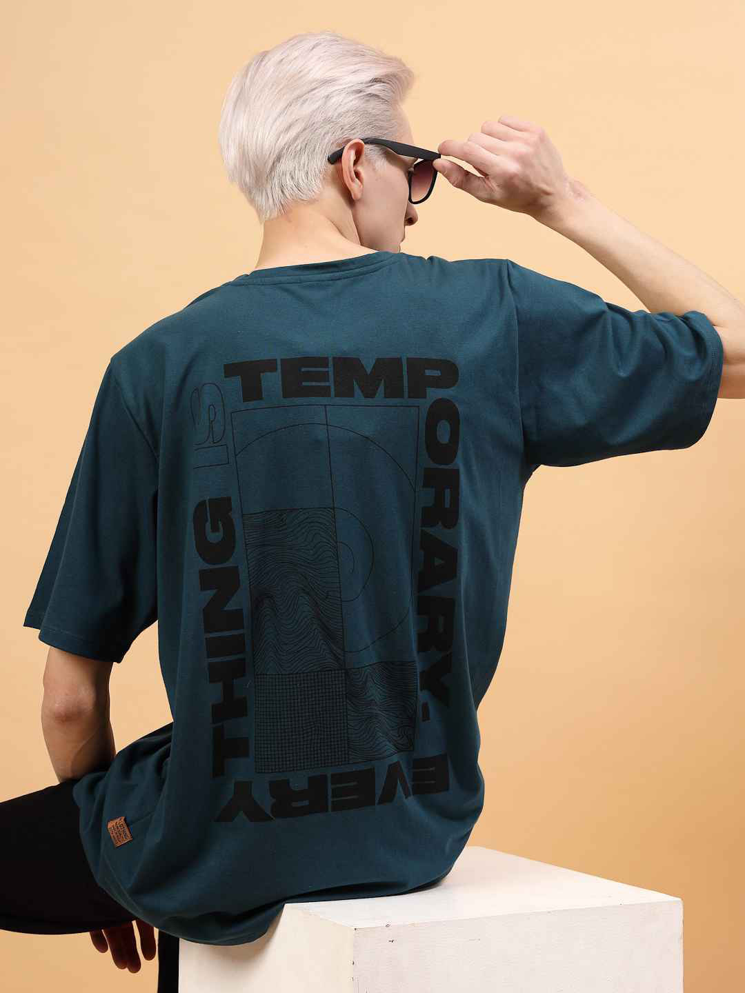 Teal Graphic Printed Oversized Round Neck T-shirt