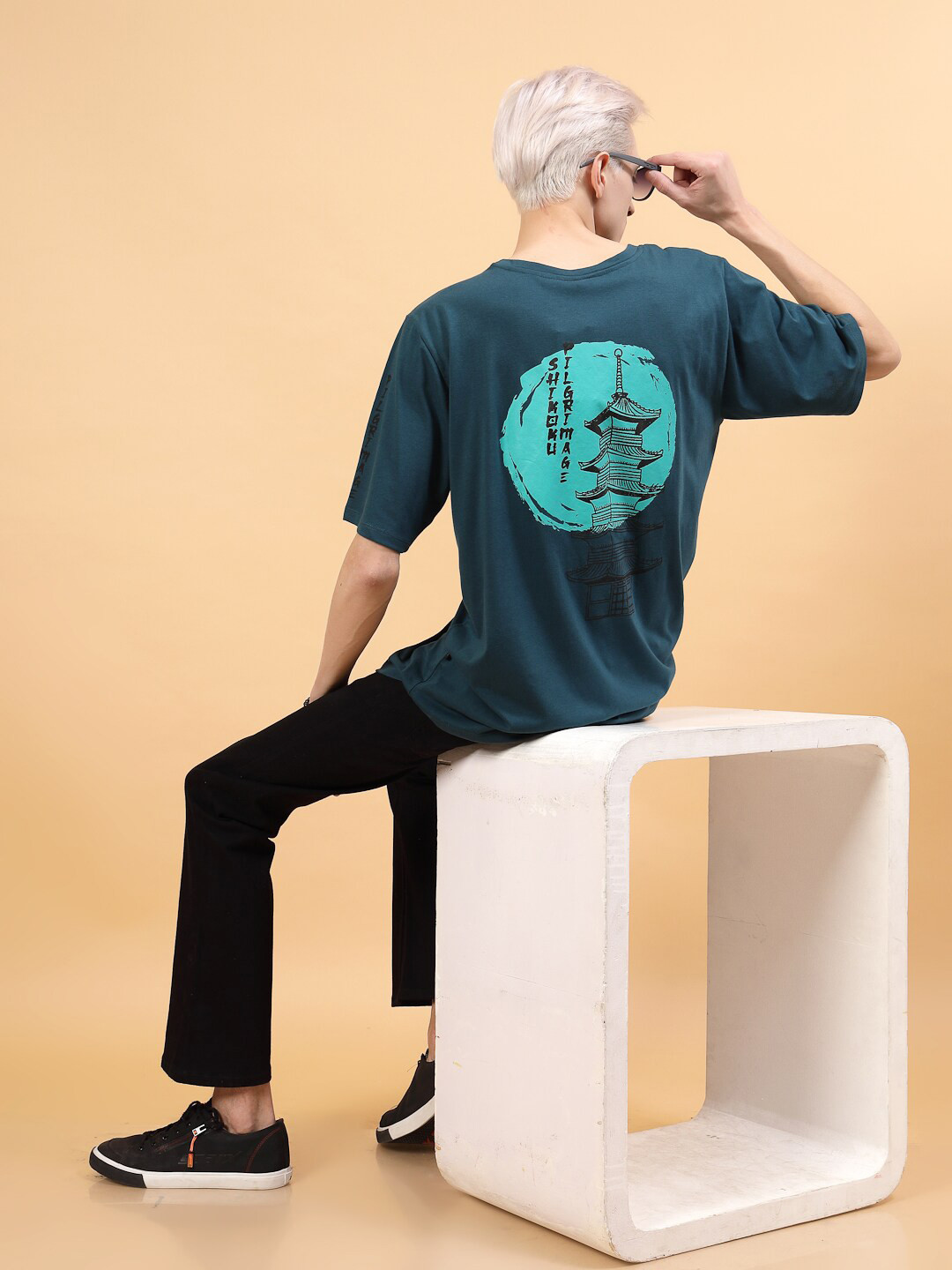 Teal Graphic Printed Oversized T-shirt with Round Neck