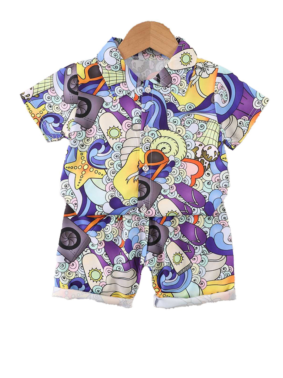 StyleCast x Revolte Boys Abstract Purple Printed Shirt with Shorts