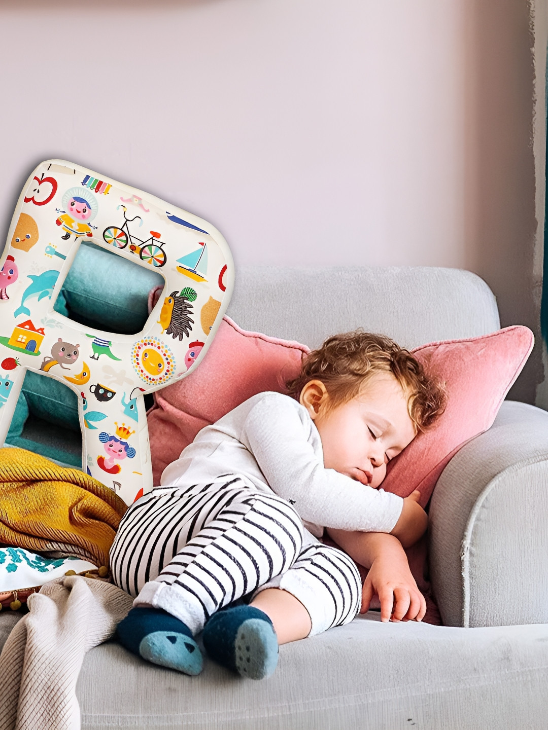 OSCAR HOME White Graphic Cotton Ultra Soft Fibre Baby Pillow-25 x 24 cm