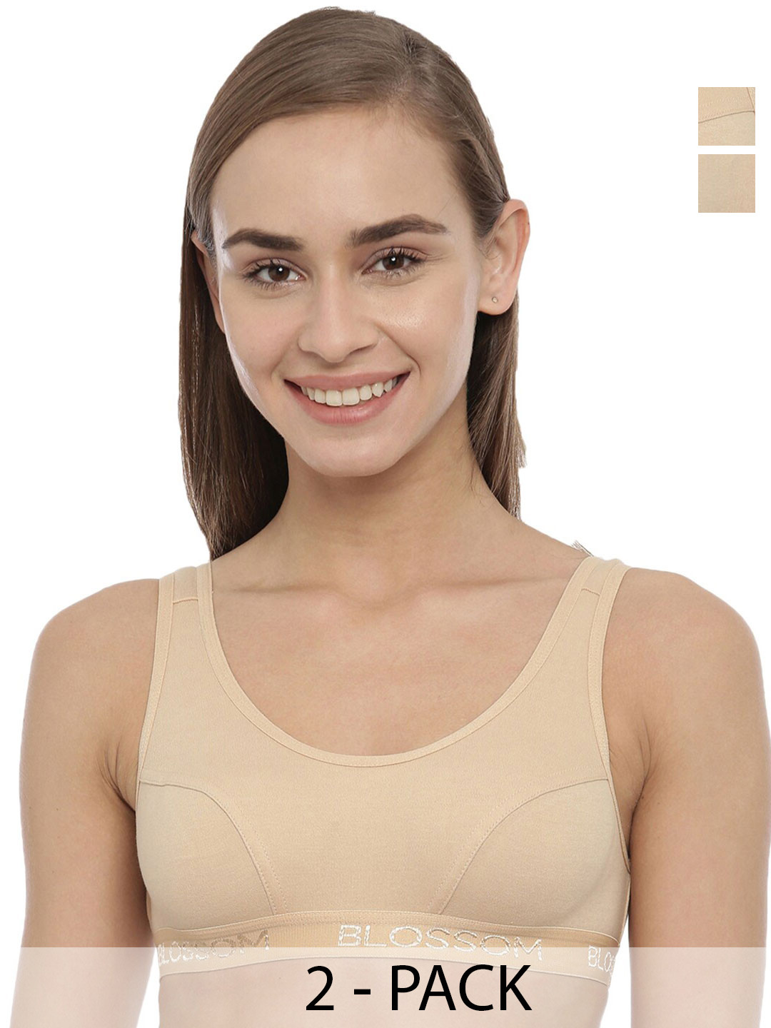 BLOSSOM Women Pack Of 2 Low Impact Single Layered Knitted Pure Cotton Slip On Sports Bra
