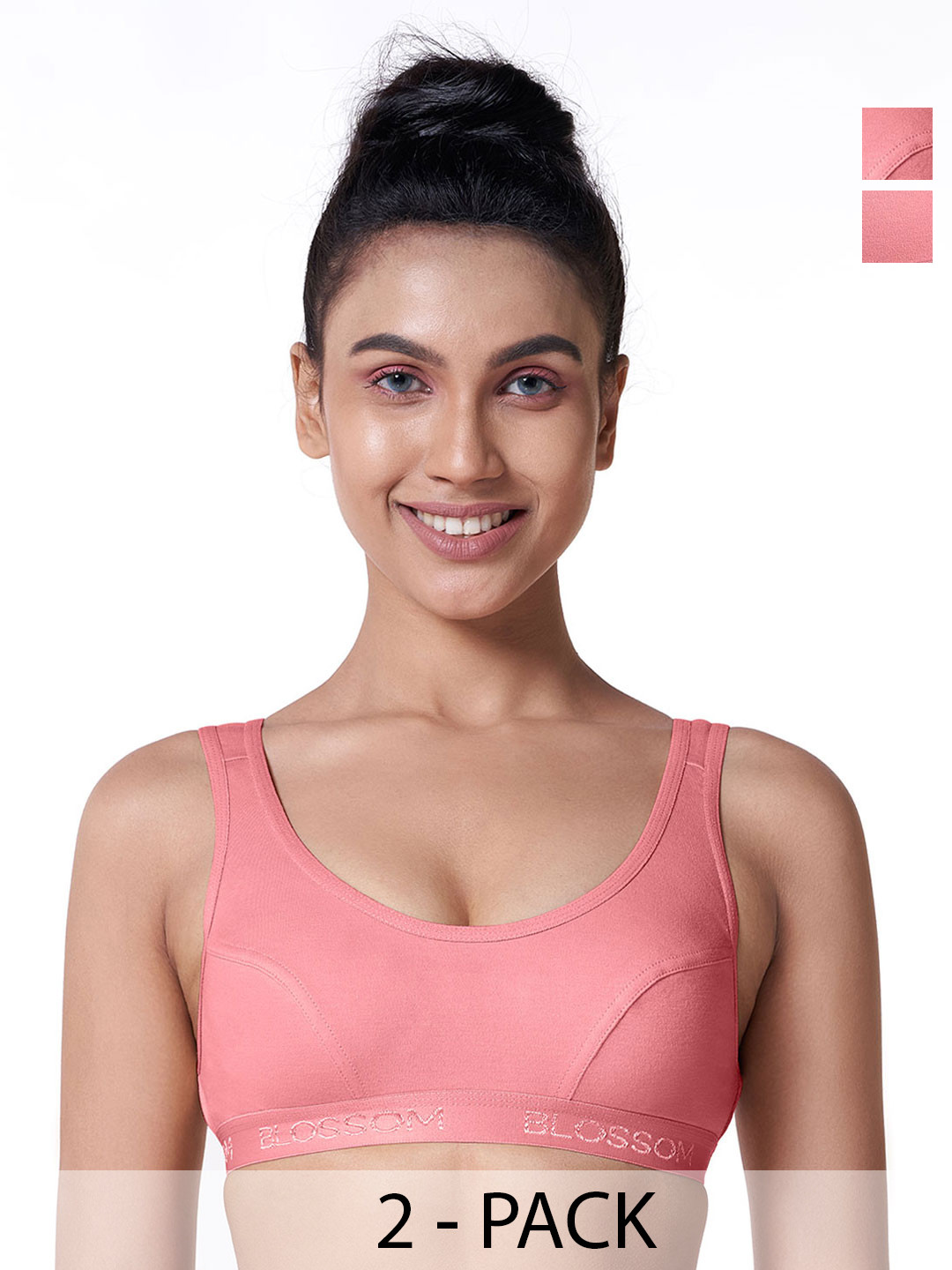 BLOSSOM Women Pack Of 2 Low Impact Single Layered Knitted Pure Cotton Slip On Sports Bra