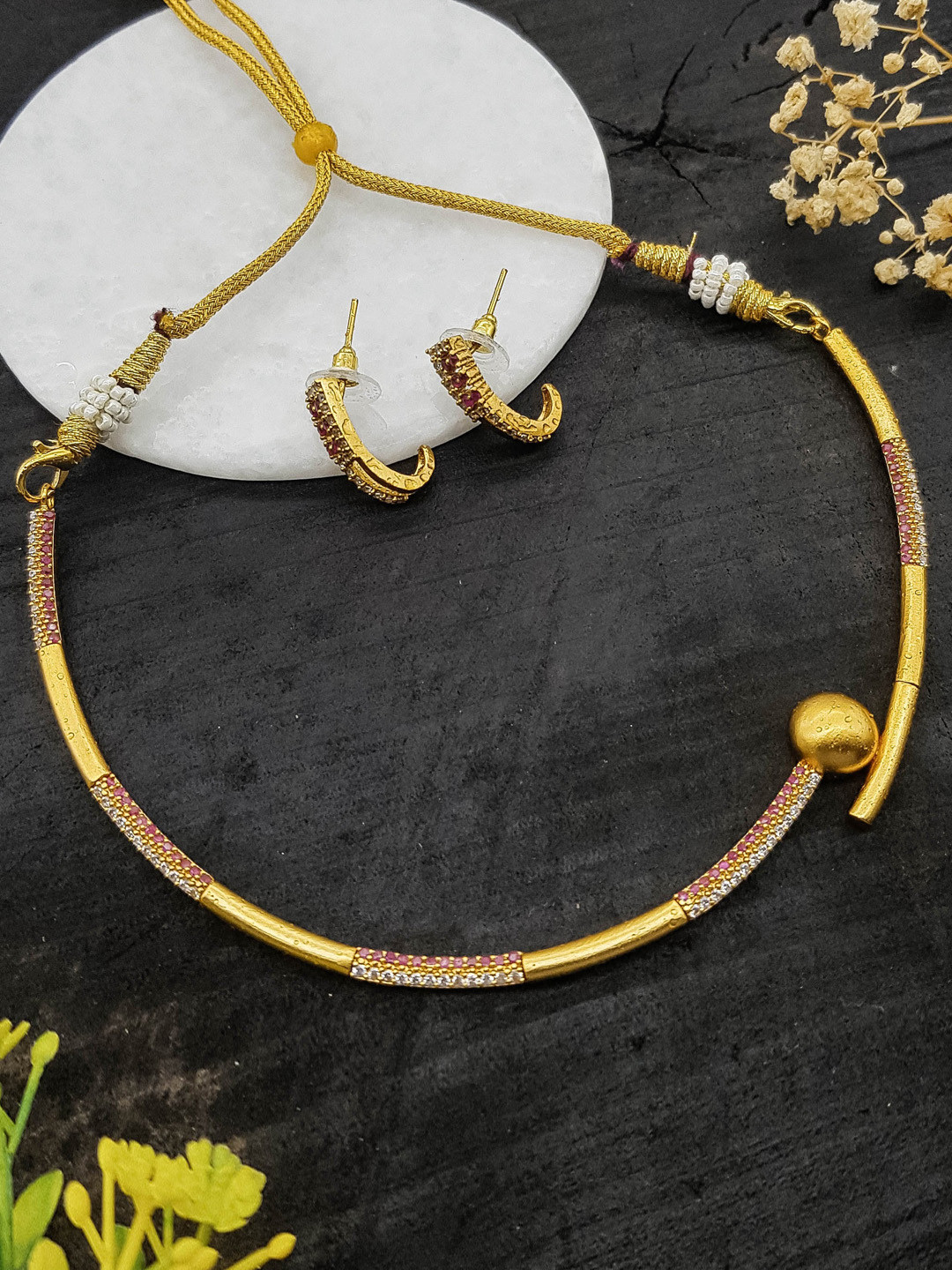 GRIIHAM Premium Sayara Collection Gold Plated American Diamond Studded Jewellery Set