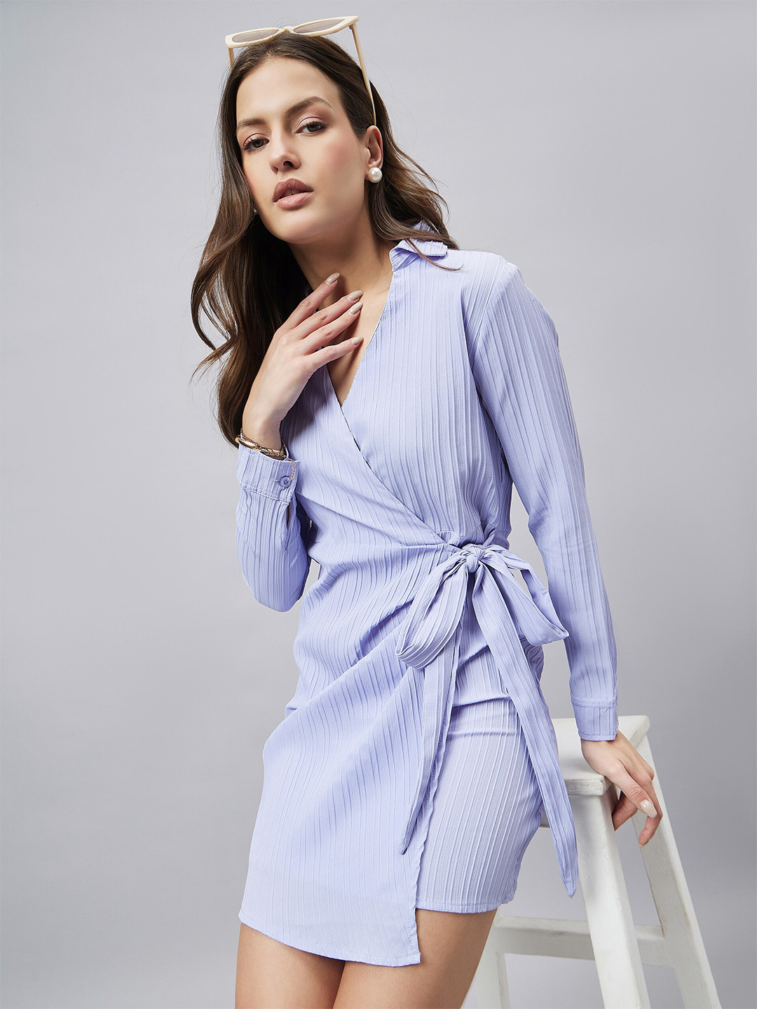 Style Quotient Blue Striped Shirt Collar Tie Up Wrap Dress