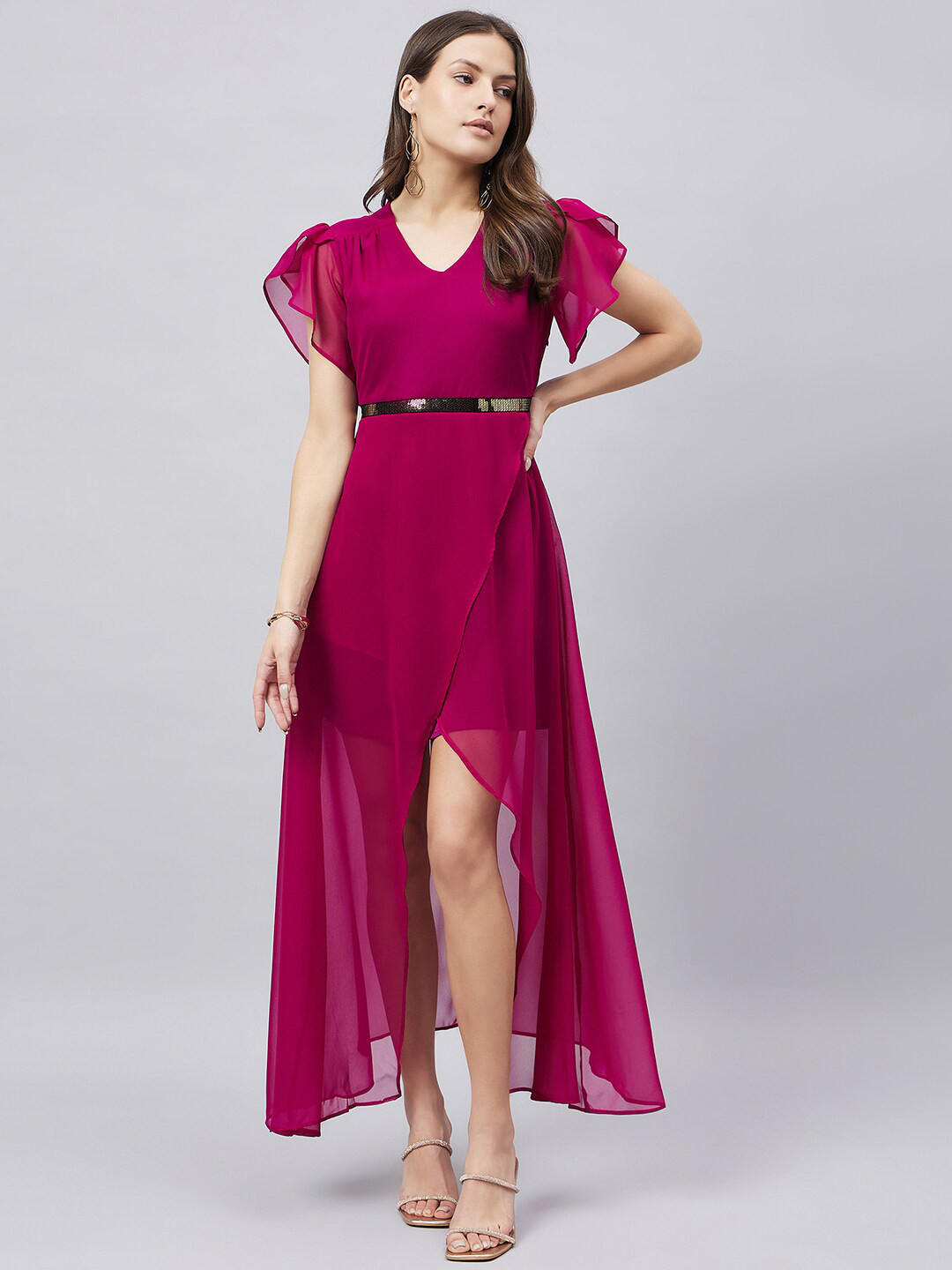 Style Quotient V-Neck Flutter Sleeve Sequined Tulip Maxi Dress