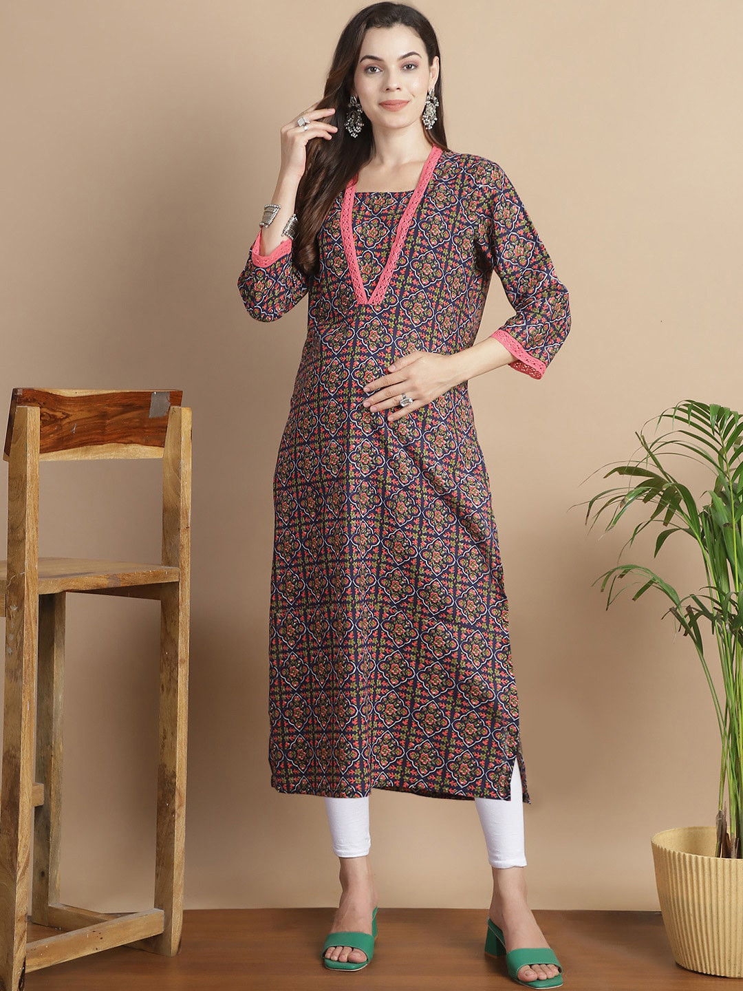 Secret Wish Ethnic Motifs Printed Flared Sleeves Mirror Work Maternity Kurta