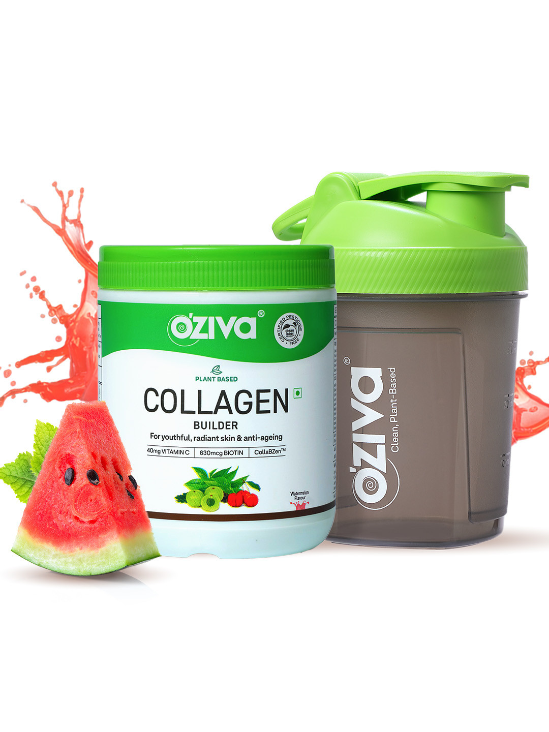 OZiva Plant Based Collagen Builder For Brighter Skin -125g - Watermelon Flavor With Shaker