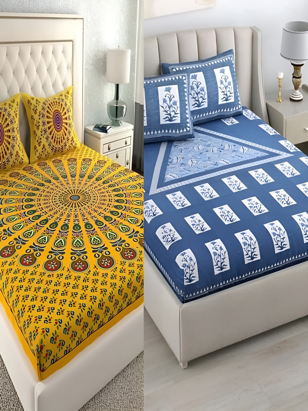Runjhun Yellow Floral Cotton 180 TC Queen Fine 2 Bedsheet with 4 Pillow Covers-90 x 101 inches