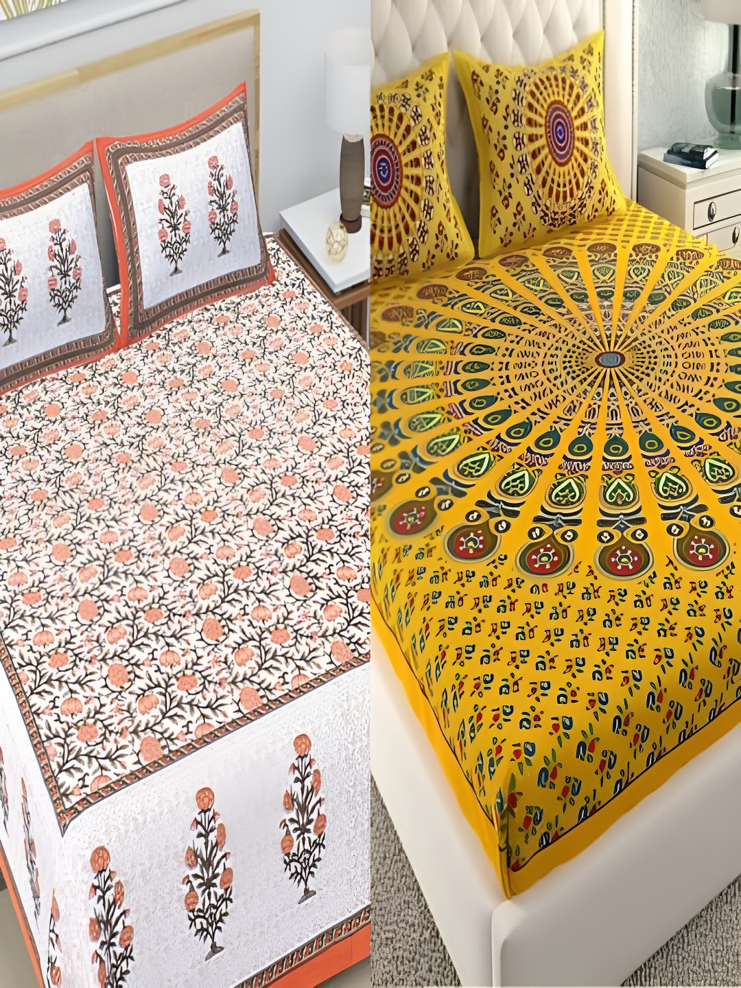 Runjhun Orange Floral Cotton 180 TC Queen Fine 2 Bedsheet with 4 Pillow Covers-228 x 256 cm