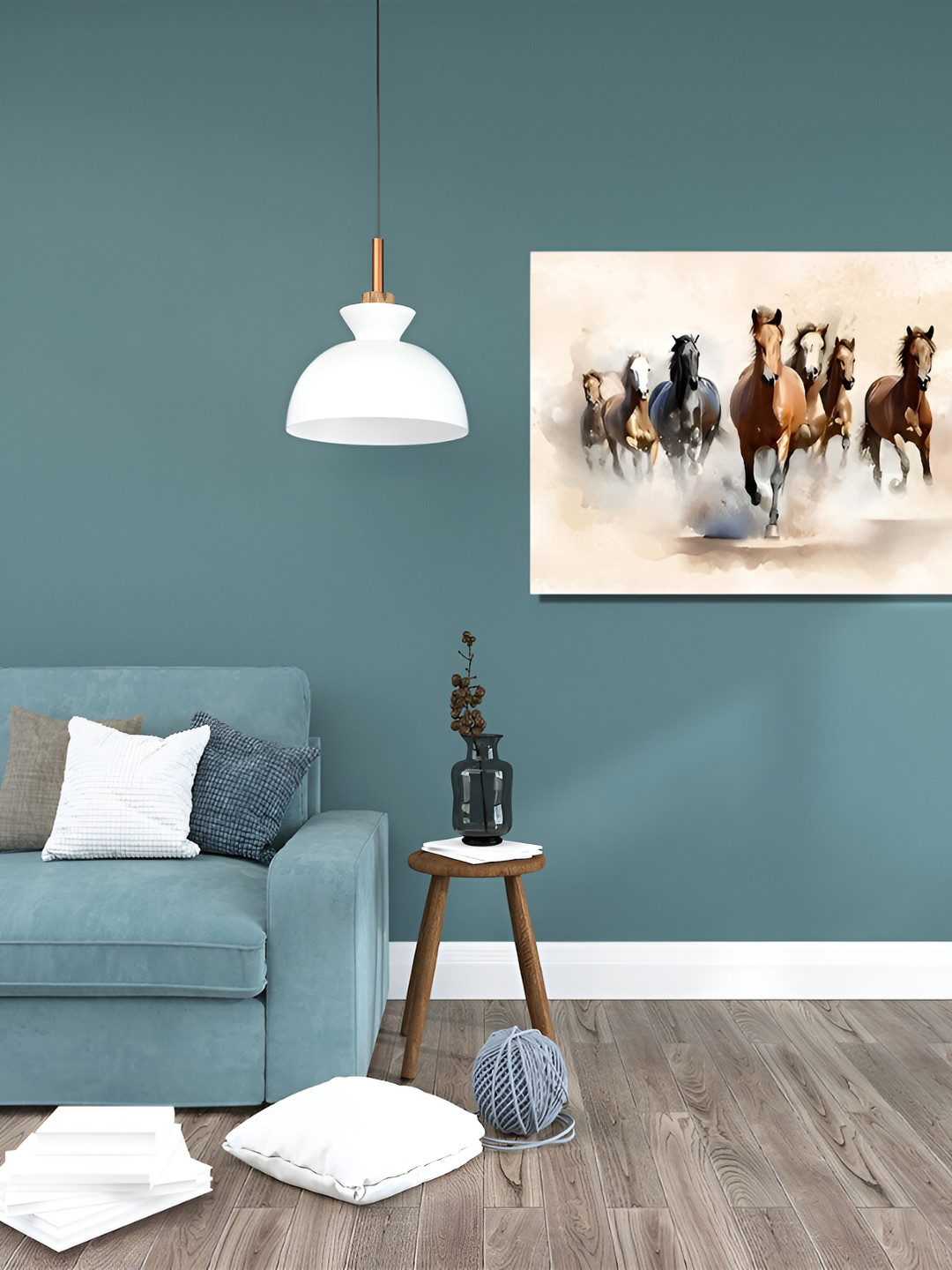 RANGOLI White & Brown Seven Running Horses Vastu Canvas Painting Wall Art