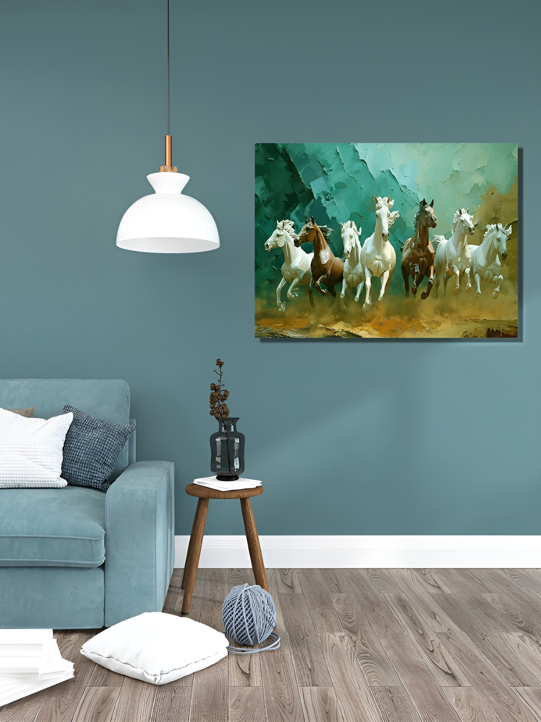 RANGOLI Brown & White Seven Running Horses Vastu Canvas Painting Wall Art