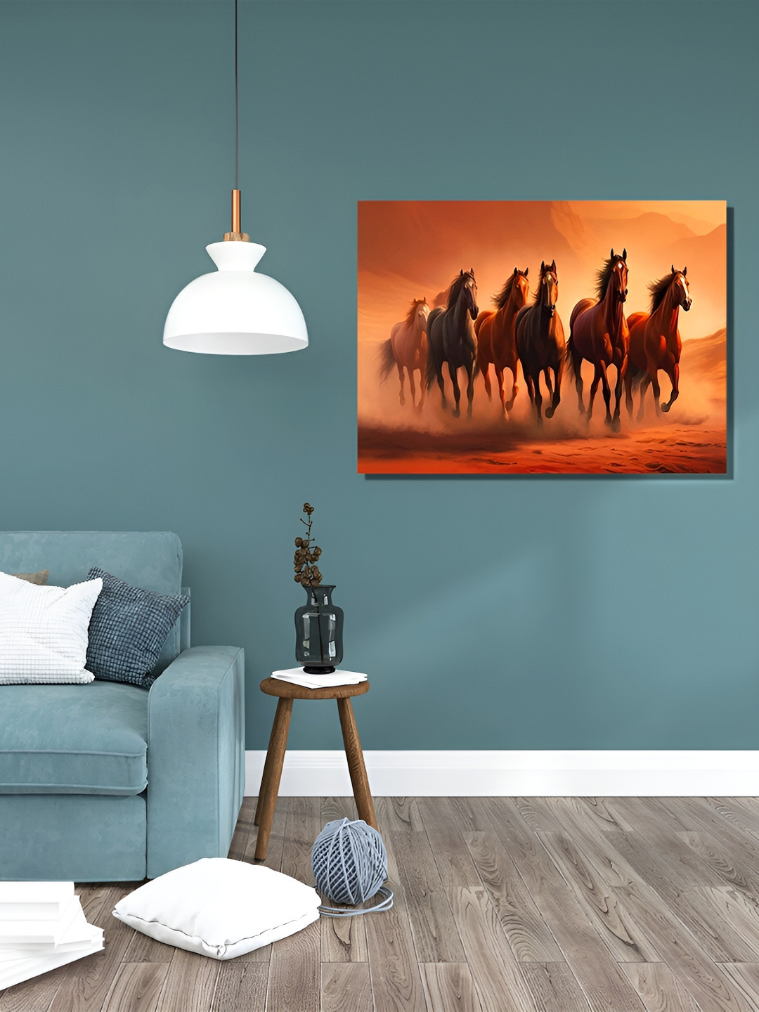 RANGOLI Orange & Black Seven Running Horses Canvas Painting Wall Art