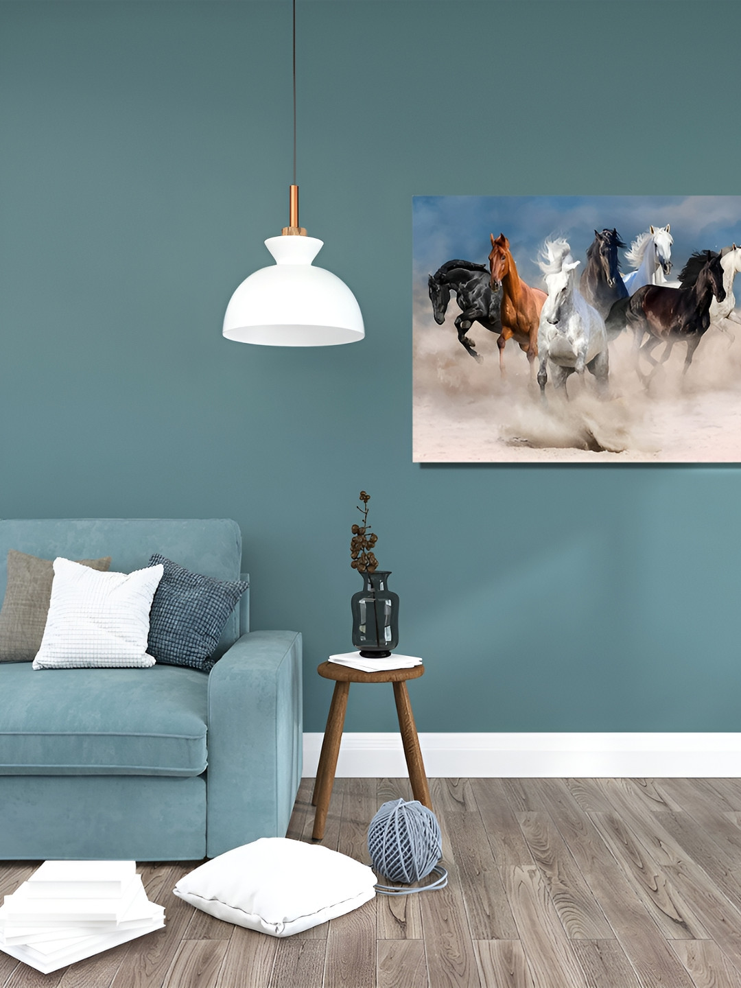 RANGOLI White & Blue Canvas Seven Running Horses Painting Wall Art